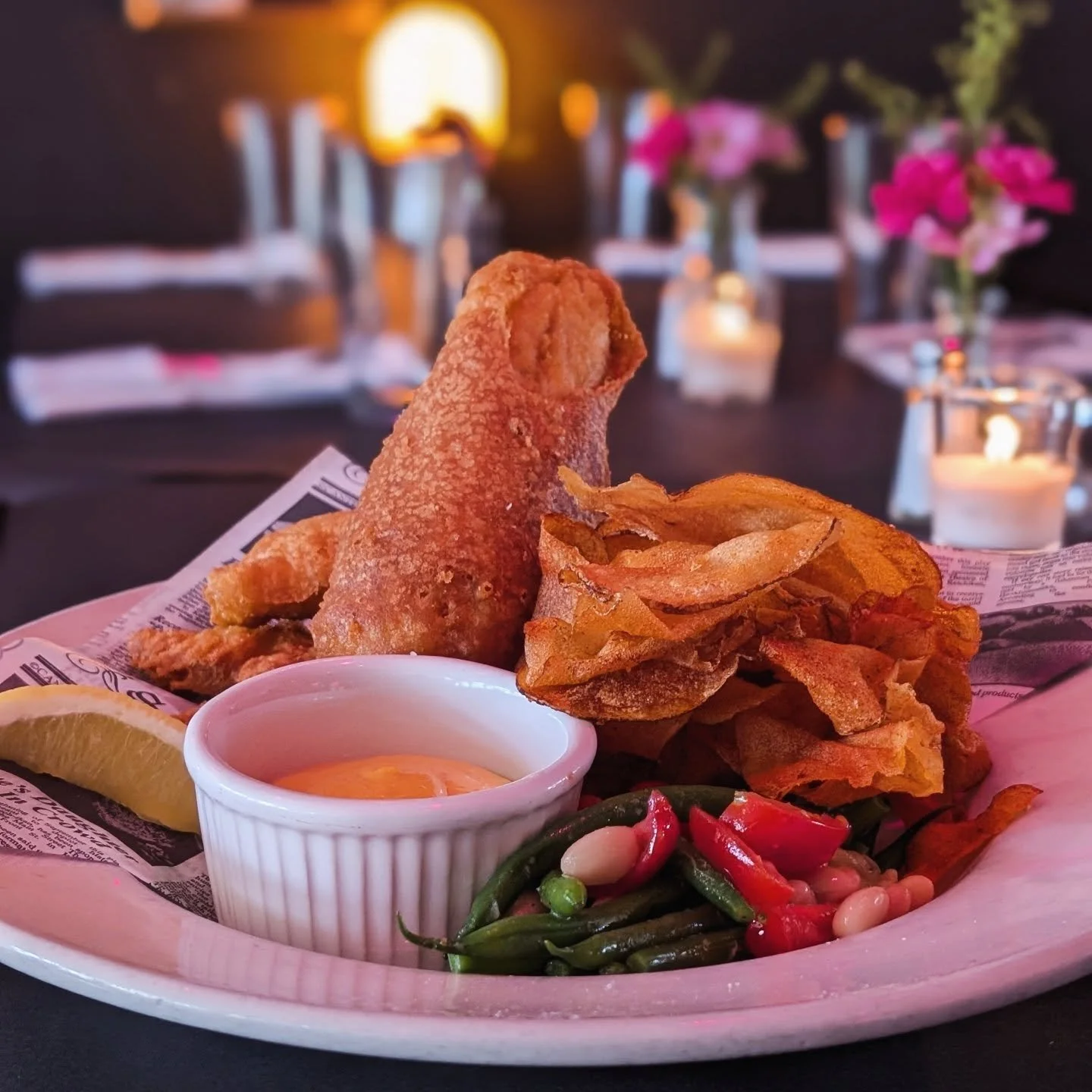 Light and flaky Spanish Style Lake Erie Walleye Fish Fry &bull; house paprika kettle chips, saffron aioli, haricot vert salad with tomatoes &amp; white beans, fresh lemon