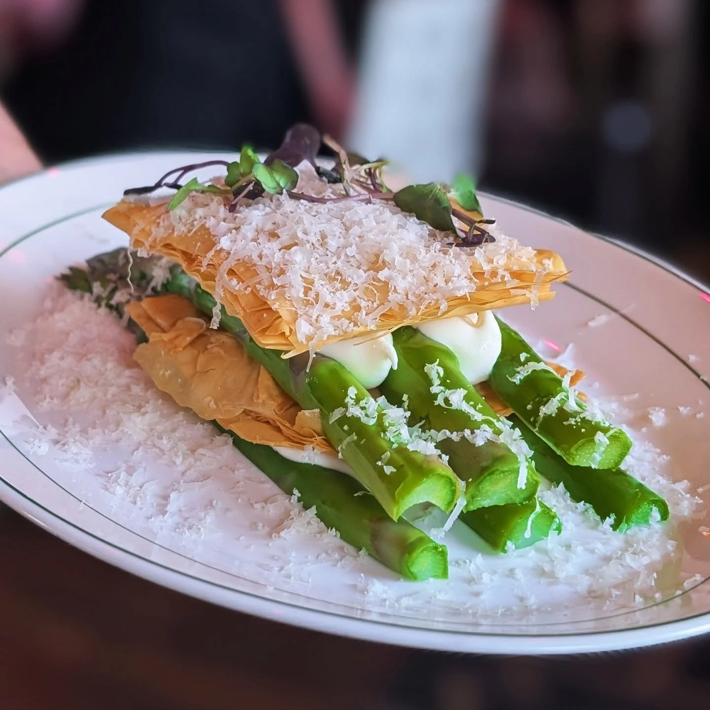 Truly delicious 🙌 Truffled Asparagus Napoleon &bull; poached asparagus, white truffle mousse, Grana Padano, flaky phyllo