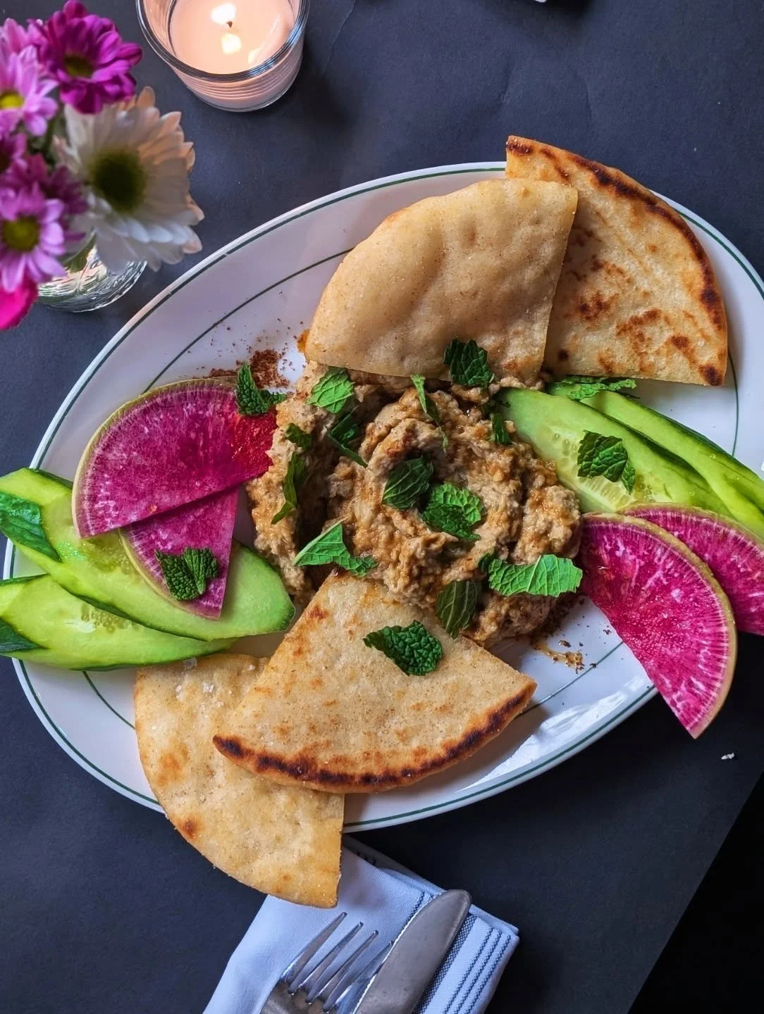 Baba Ghanoush with fresh crudite, crispy pita, pomegranate molasses, sumac, mint