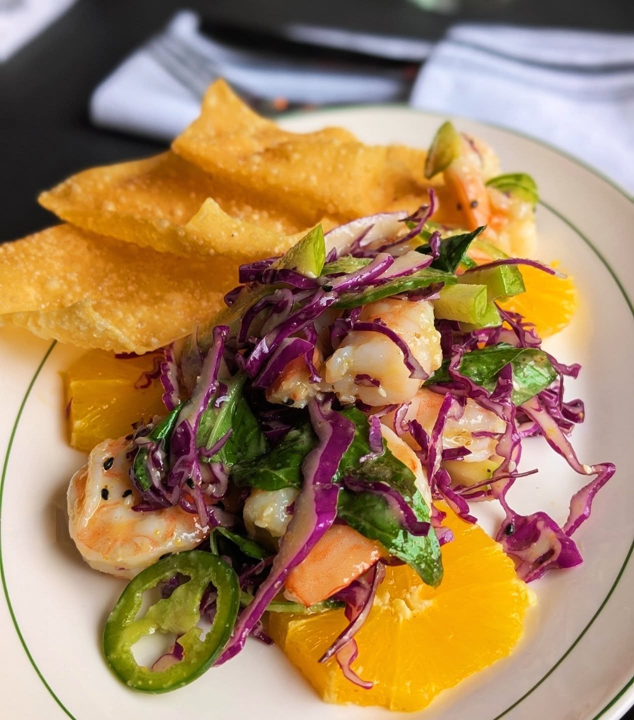 Springy Small Plate today: Asian Style Chilled Poached Shrimp Salad with orange ginger vinaigrette, green apple, red cabbage, jalapeno, basil, toasted sesame, and wonton chips