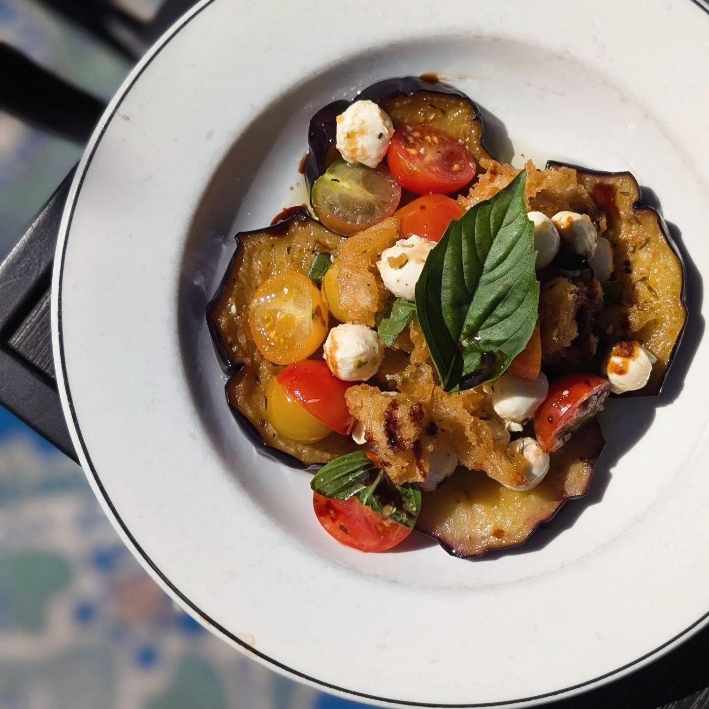 Marinated Eggplant Caprese ⭐ herb &amp; EVO0 marinated eggplant, cherry bomb tomatoes, torn crouton, mozzarella, balsamic