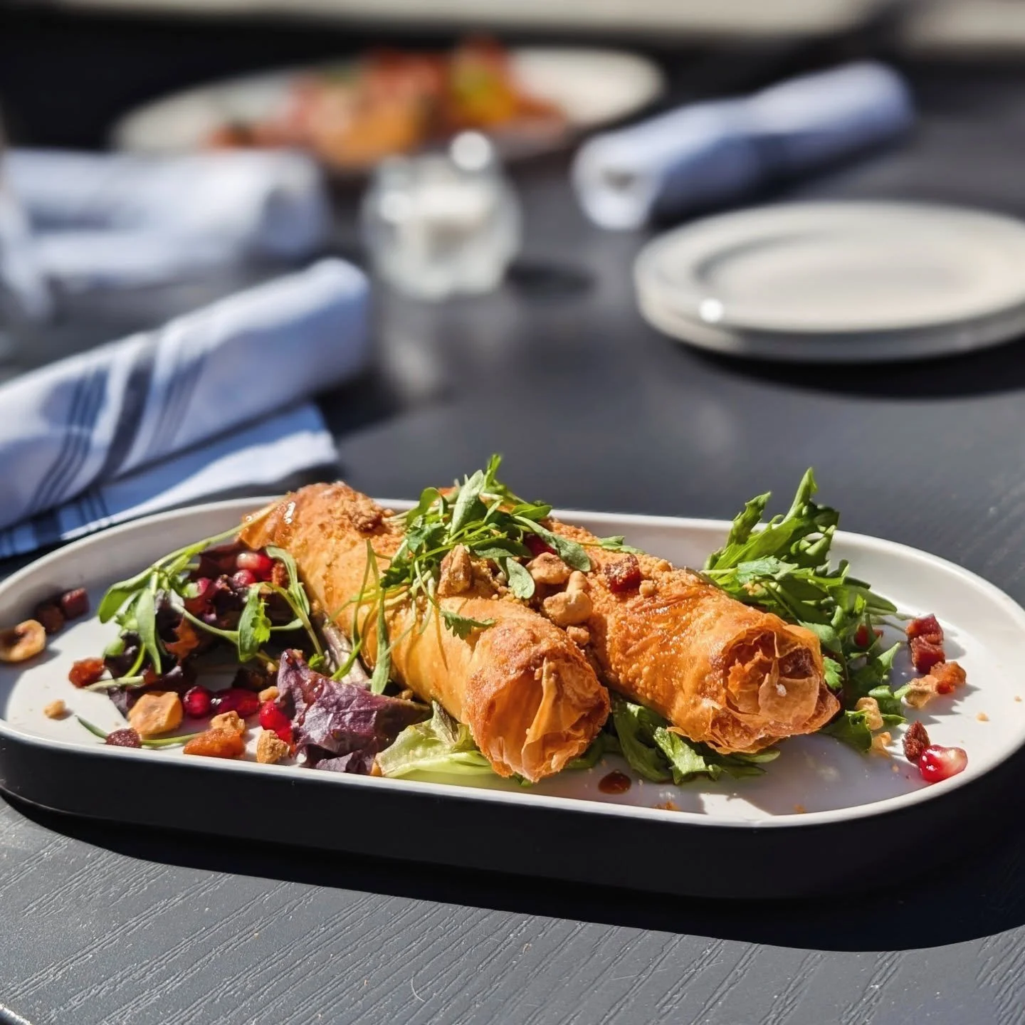 Crispy Phyllo Chevre Cigars with pomegranate seeds &amp; molasses, hazelnut dust, pancetta, micro-cilantro