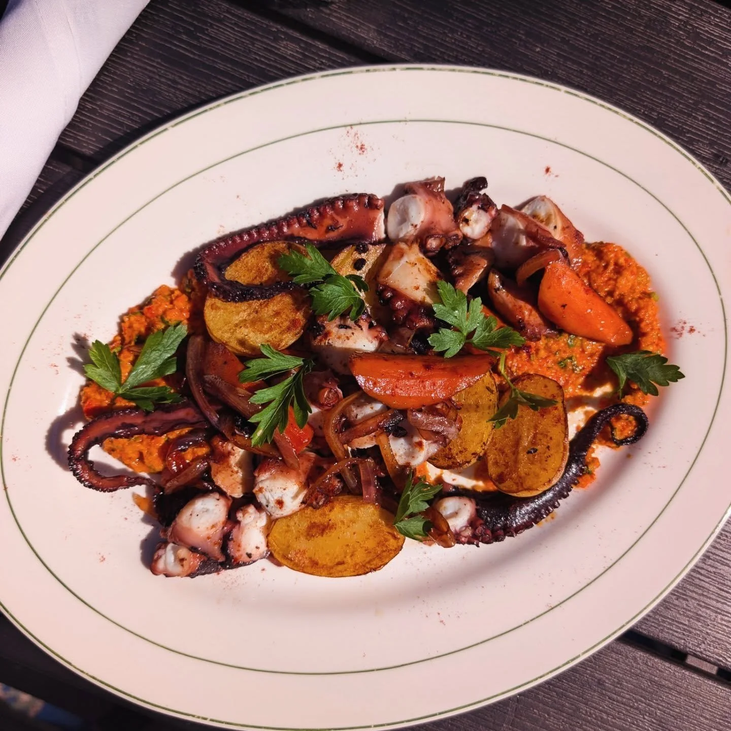 Octopus Escabeche with rustic hazelnut romesco, red onion &amp; carrot agrodolce, lemony yukon golds, la chinata paprika, parsley
