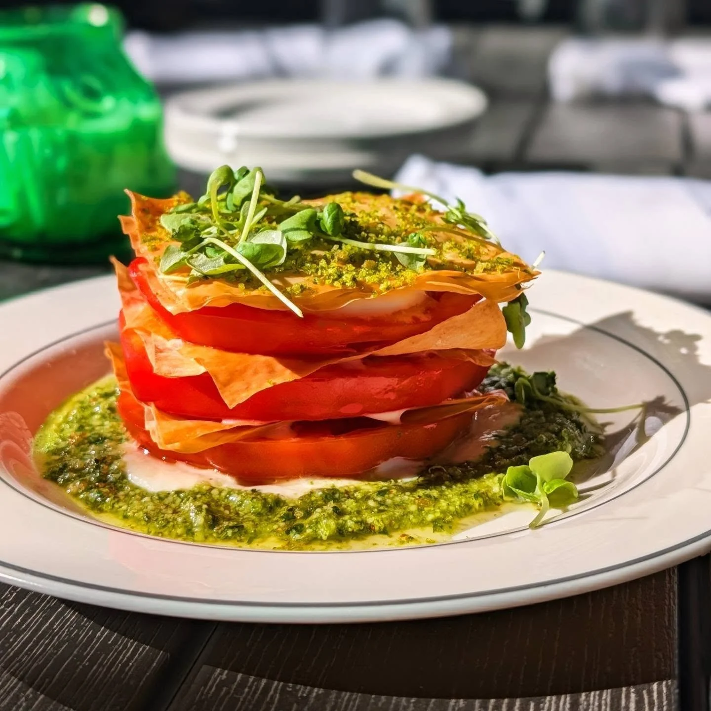 Heirloom Tomato &amp; Ricotta Napoleon 🍅lemon whipped ricotta, fresh heirloom tomato, crispy phyllo, basil pesto, micro-basil