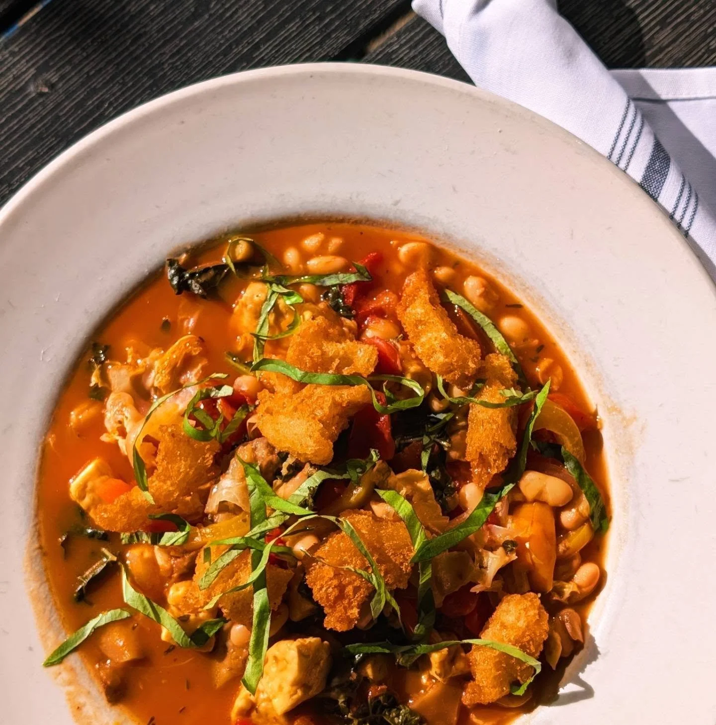 Summer Vegetable &amp; Halloumi Braise 🌱savoy cabbage, Tuscan kale, eggplant, bell pepper, Great Northern beans, torn olive oil crouton, basil