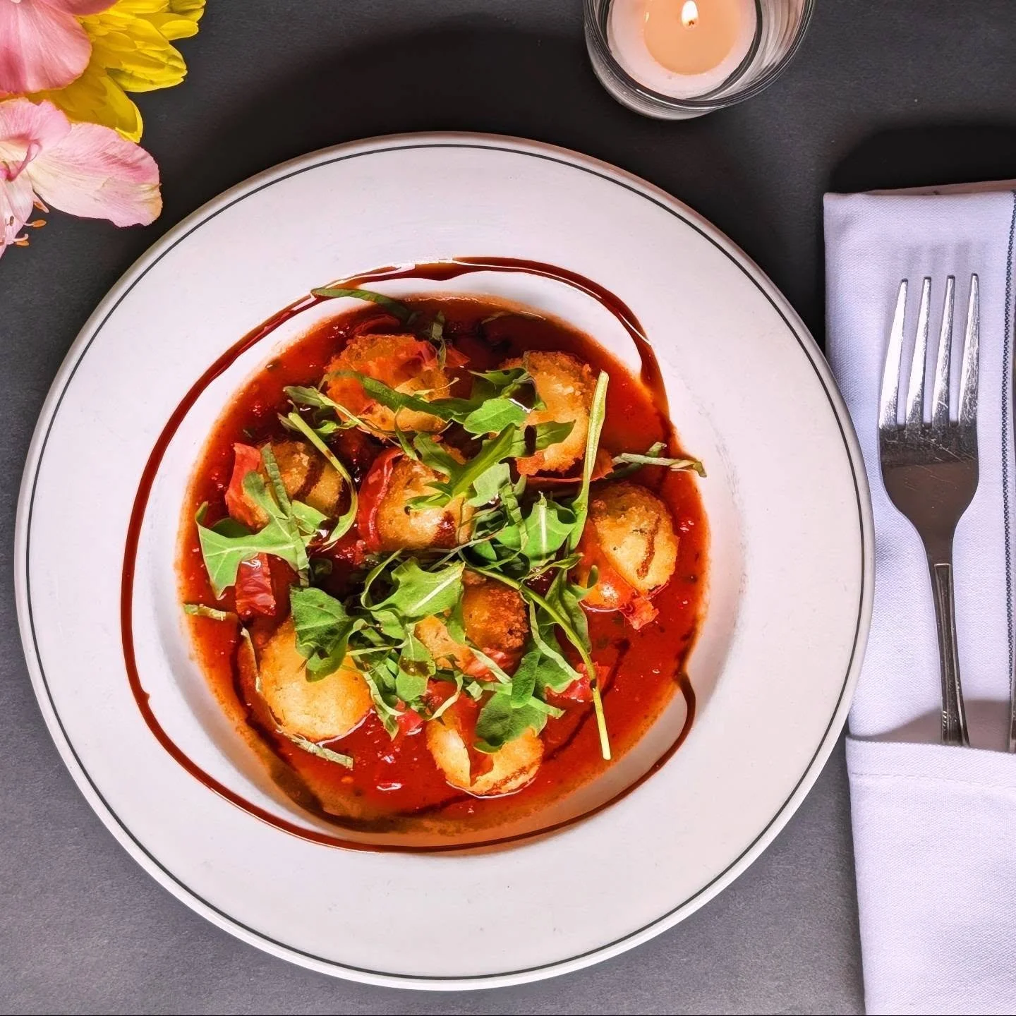 One of our delicious small plates tonight! 
Crispy Ciliegine Mozzarella &bull; tomato basil marinara, salami calabrese, aged balsamic, baby aruqula, fresh basil