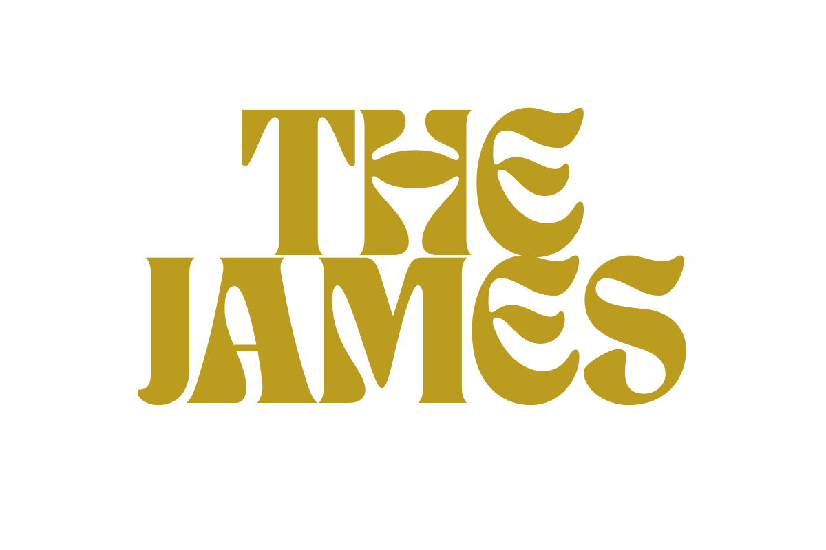 Logo for The James in gold text on black background.