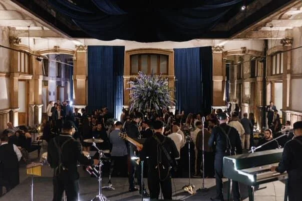 Live band performing at a luxury wedding in Mexico City at Prim 30, part of a wedding weekend featured in Vogue Mexico, with guests enjoying an elegant reception atmosphere.