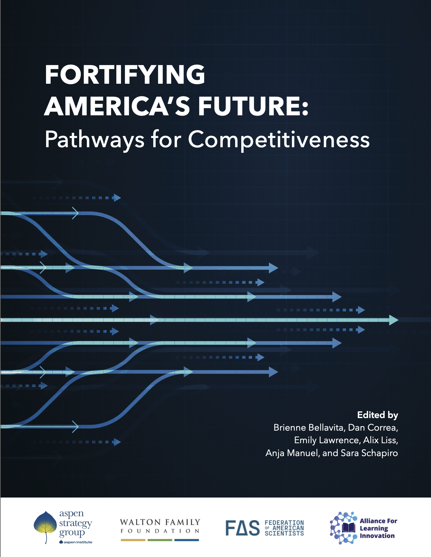 Cover page of a report titled 'Fortifying America's Future: Pathways for Competitiveness,' edited by Brienne Bellavita, Dan Correa, Emily Lawrence, Alix Liss, Anja Manuel, and Sara Schapiro. The background features a dark blue grid with blue arrows representing pathways, and logos of Aspen Strategy Group, Walton Family Foundation, Federation of American Scientists, and Alliance For Learning Innovation at the bottom.