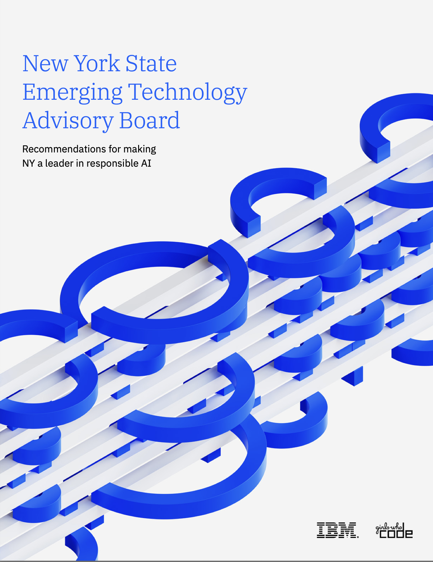 Cover page for New York State Emerging Technology Advisory Board report, featuring a white background with a blue abstract geometric design, and the logos of IBM and Girls Who Code at the bottom right corner.