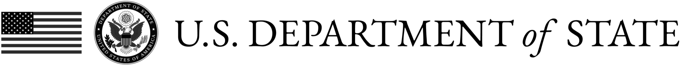 U.S. Department of State seal, American flag, and the words "U.S. Department of State" in black text on a white background.