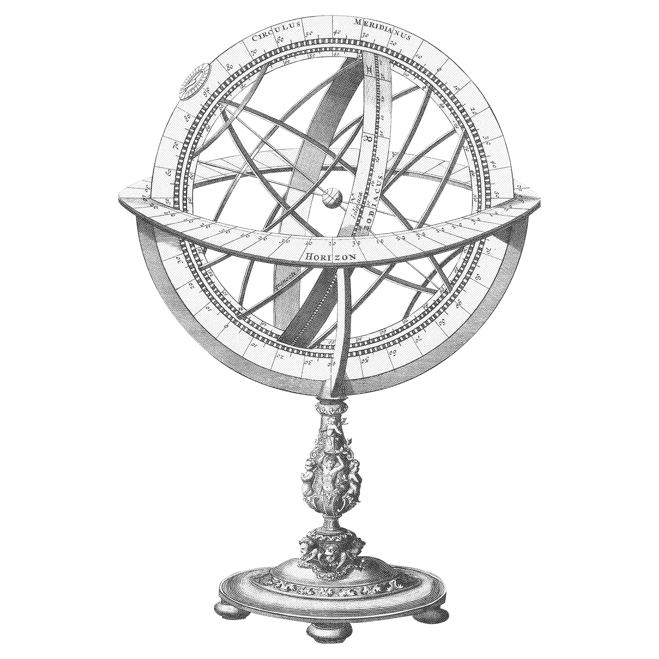 An ornate, vintage scientific model of the solar system, featuring a stand and multiple intersecting rings for planetary orbits, labeled with celestial coordinates and star names, set against a black background.