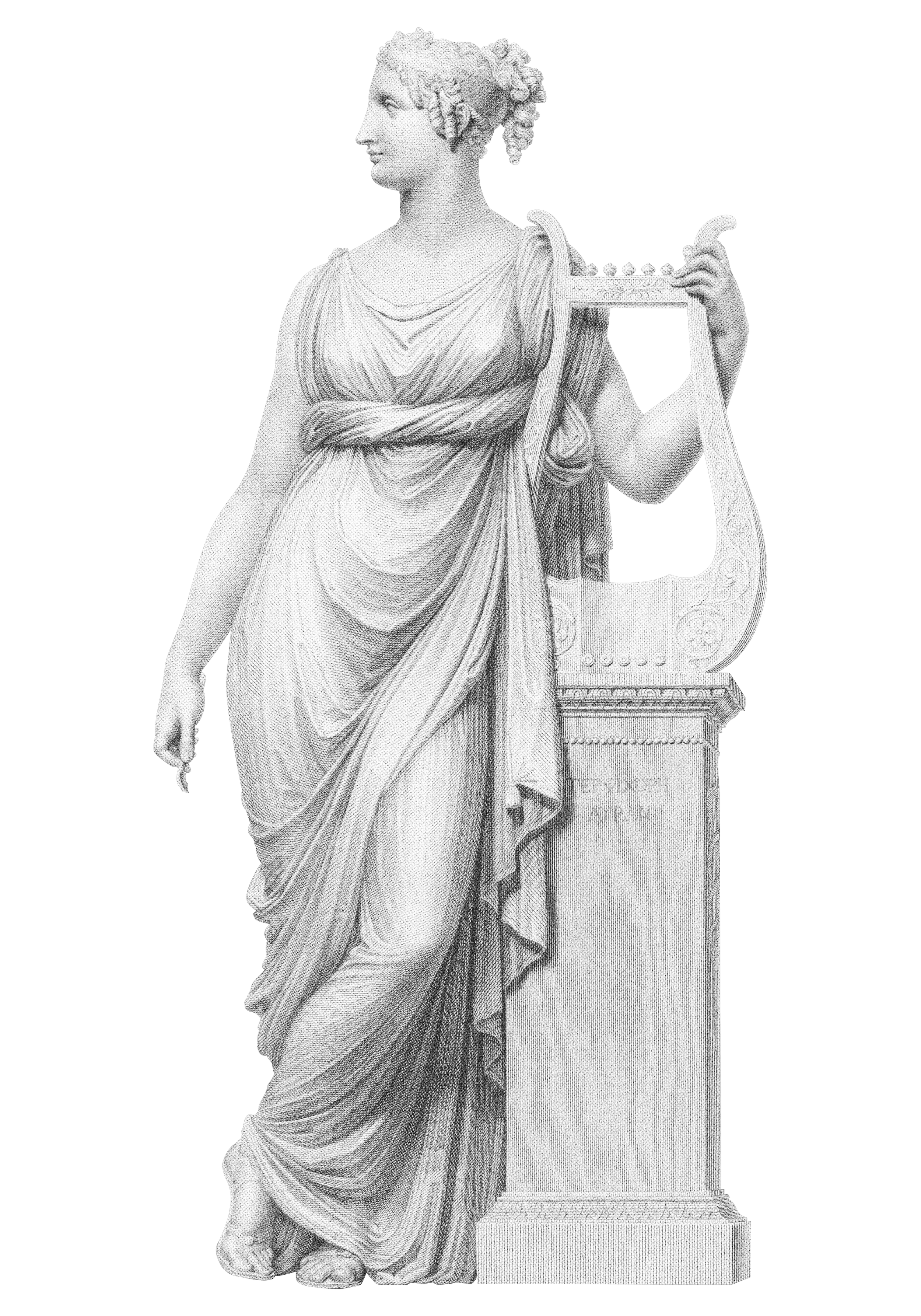 Black and white photograph of a classical statue of a woman in a flowing dress, standing beside a pedestal with a lyre in her hand.