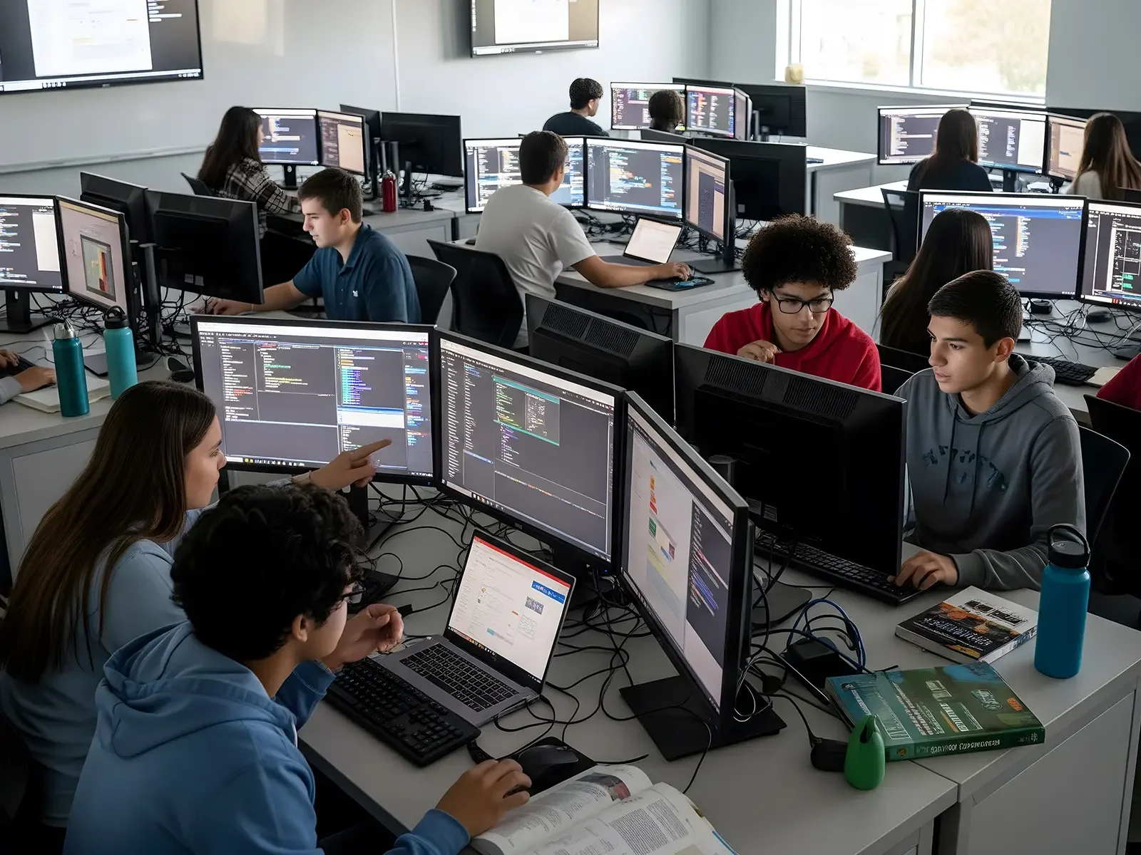 High school students learning coding in hands-on technology education programs using multiple monitors in a classroom lab