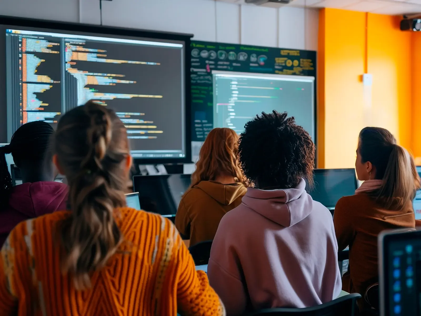 Students learning computer programming in a classroom with code displayed on large screens