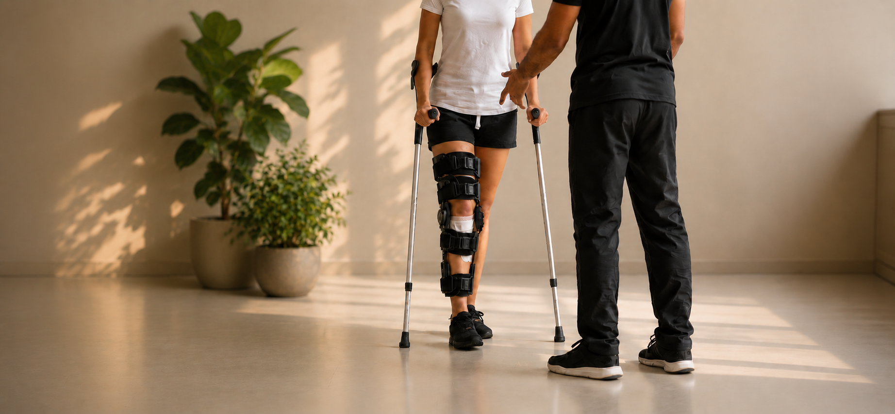 A woman with a knee injury using crutches and wearing a knee brace, receiving support from a man in an indoor setting.