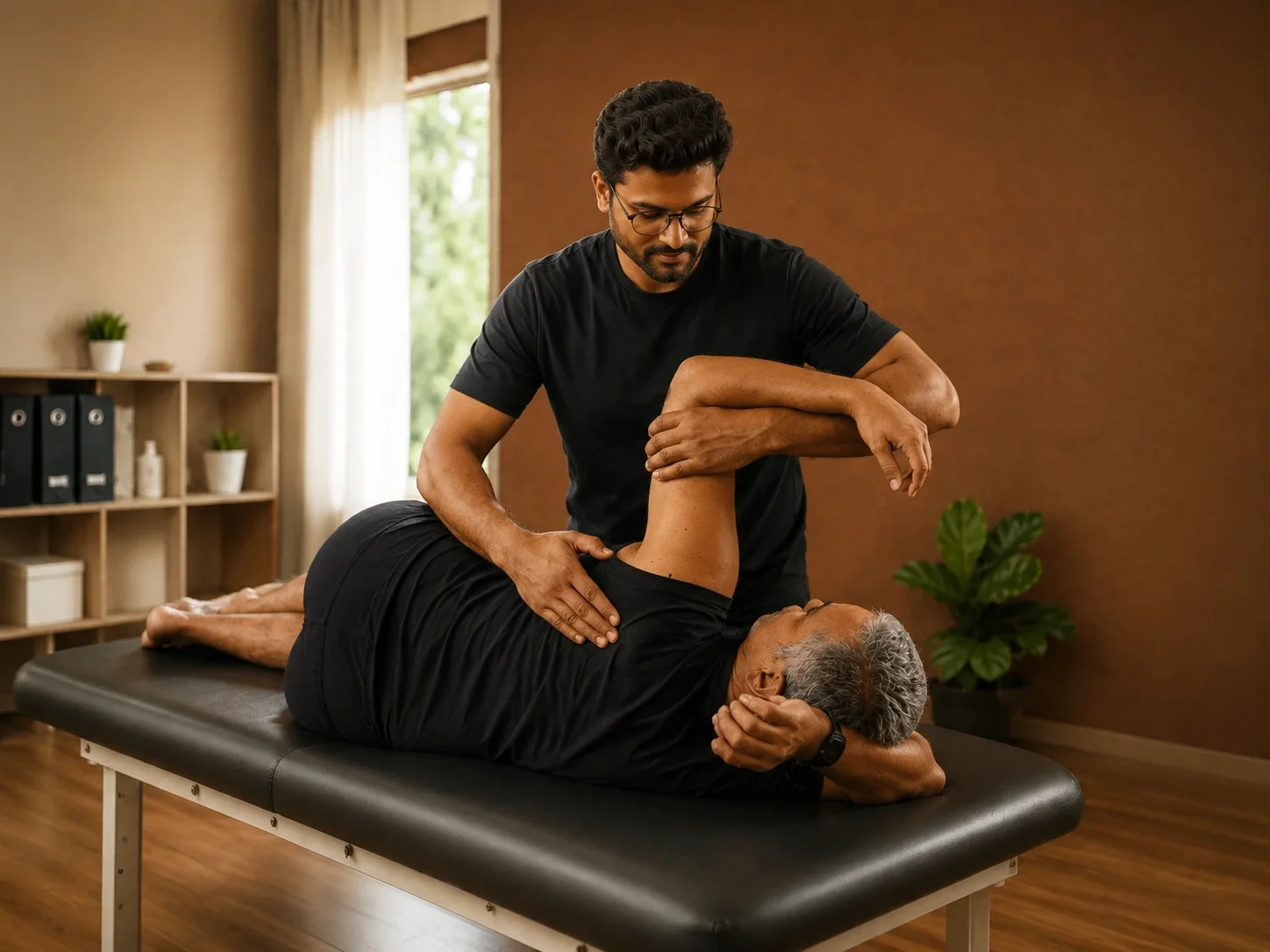 A physical therapist aiding an elderly man with shoulder exercises on a treatment table inside a therapy room.