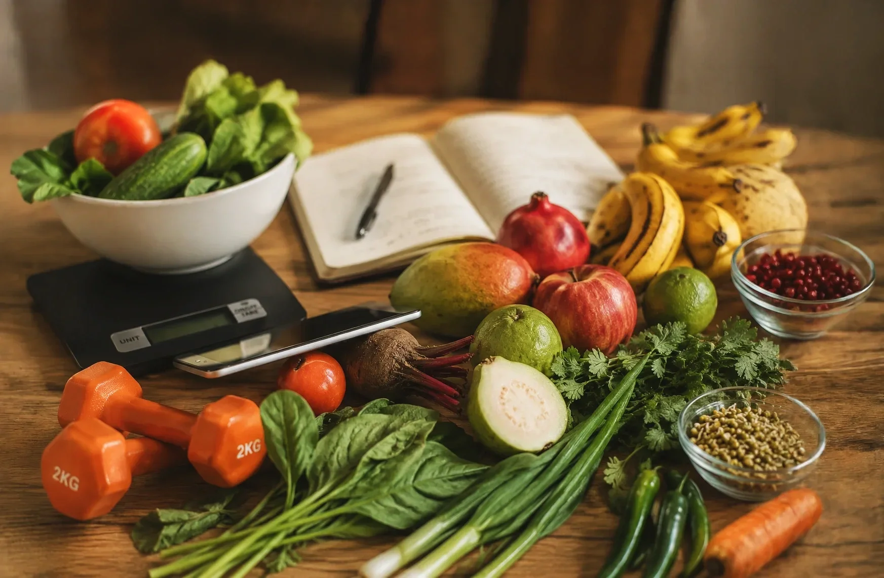A wooden table with fresh vegetables, fruits, a bowl of berries, a notebook, a pen, a digital scale, a smartphone, and small bowls of seeds and herbs.