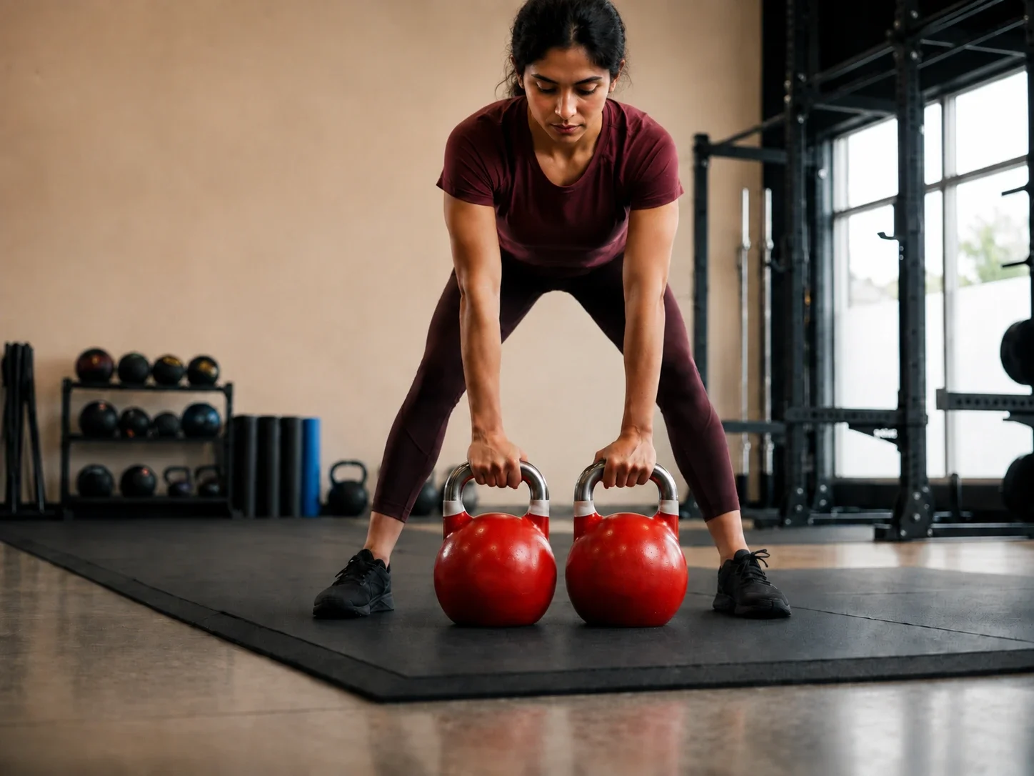 Woman lifting kettlebells in a gym.