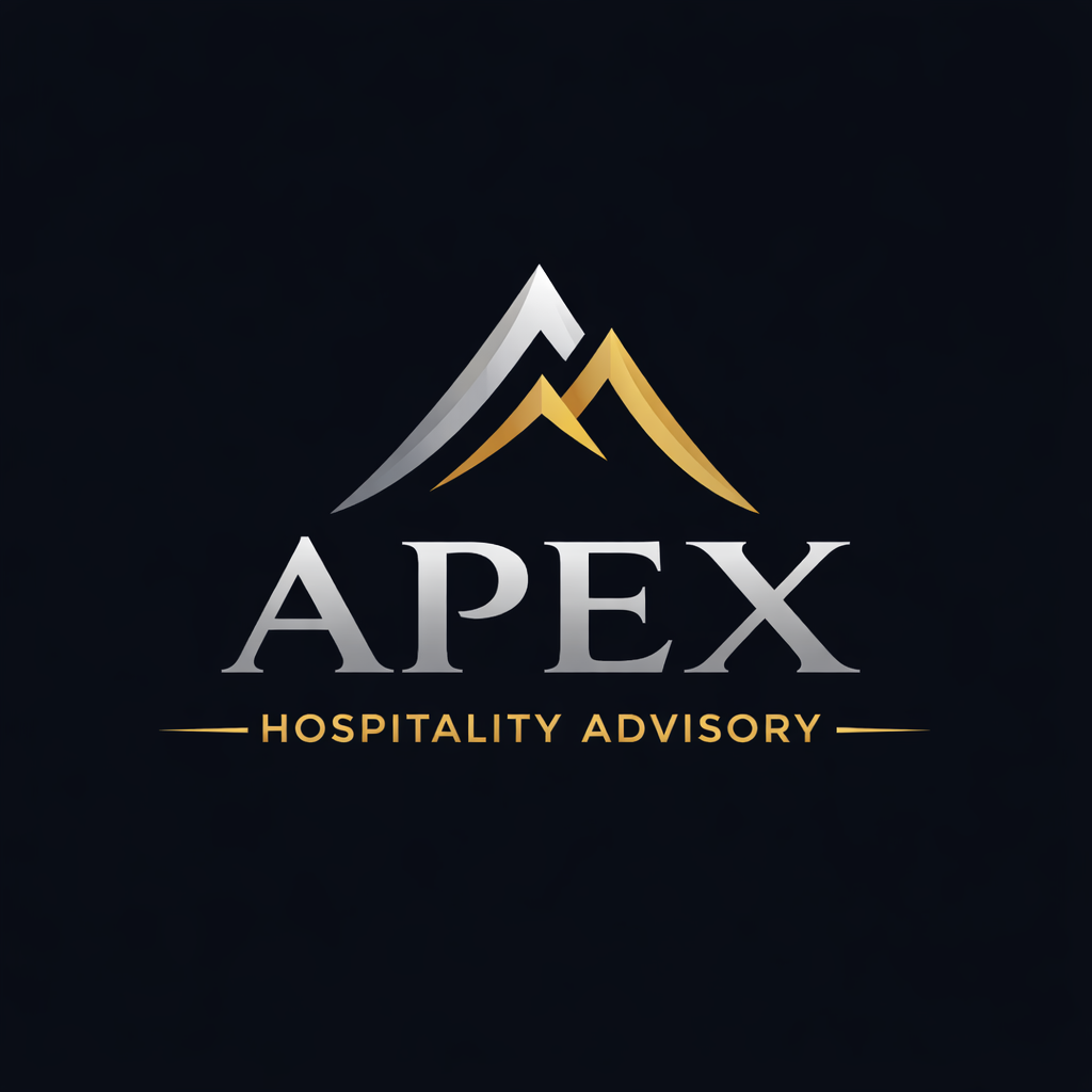 Logo for Apex Hospitality Advisory featuring stylized mountain peaks with white and gold colors, and the company name below.