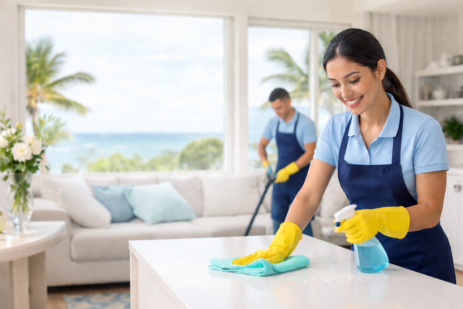 Two employees cleaning home