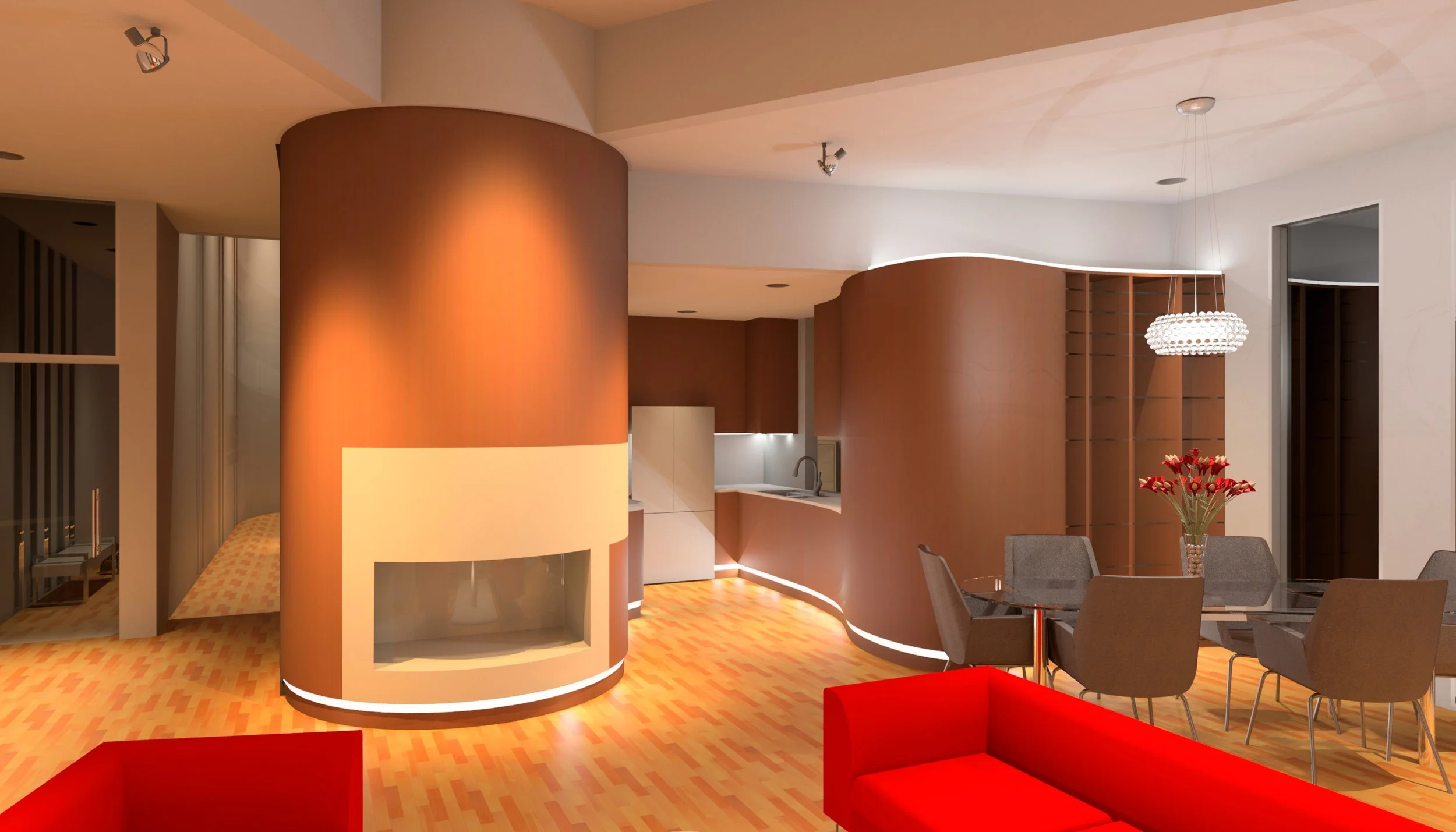 Modern living area with a curved, wood-paneled fireplace, dining table with gray chairs, red sofa, and a vase of red flowers, illuminated by ceiling and pendant lighting, with warm wood flooring.