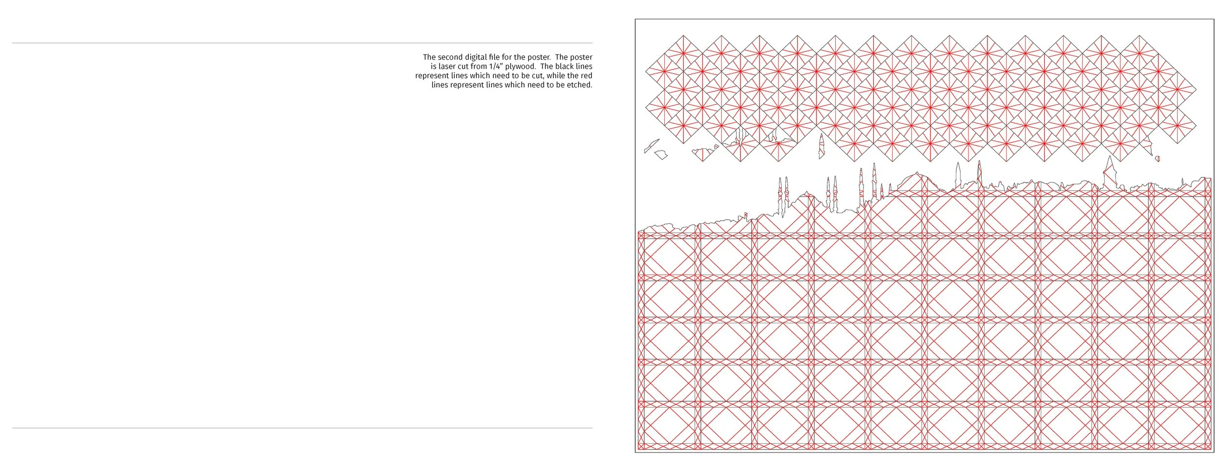 A technical drawing showing a pattern of interconnected lines in red and black, used for cutting and etching a poster from plywood, with instructions in text on the left side.