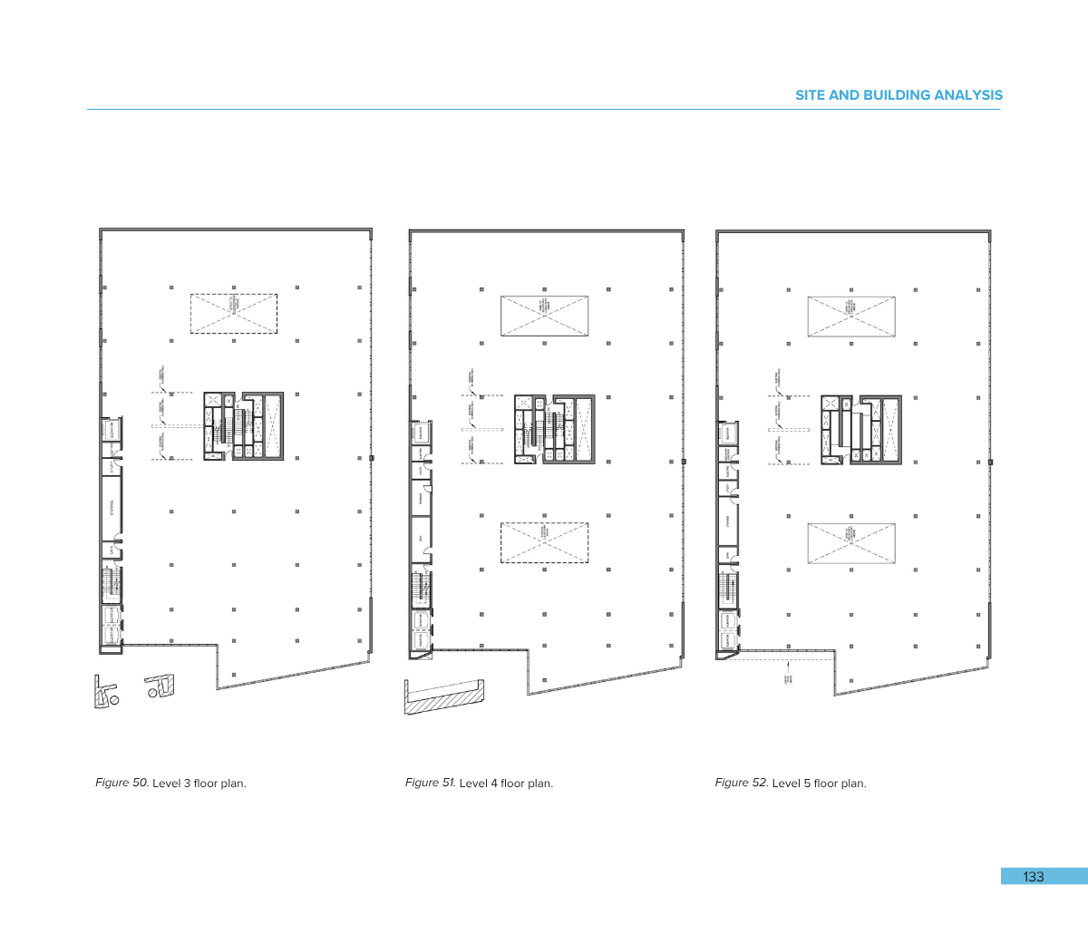 Architectural floor plans for levels 3, 4, and 5 of a building, showing layout details and room arrangements.
