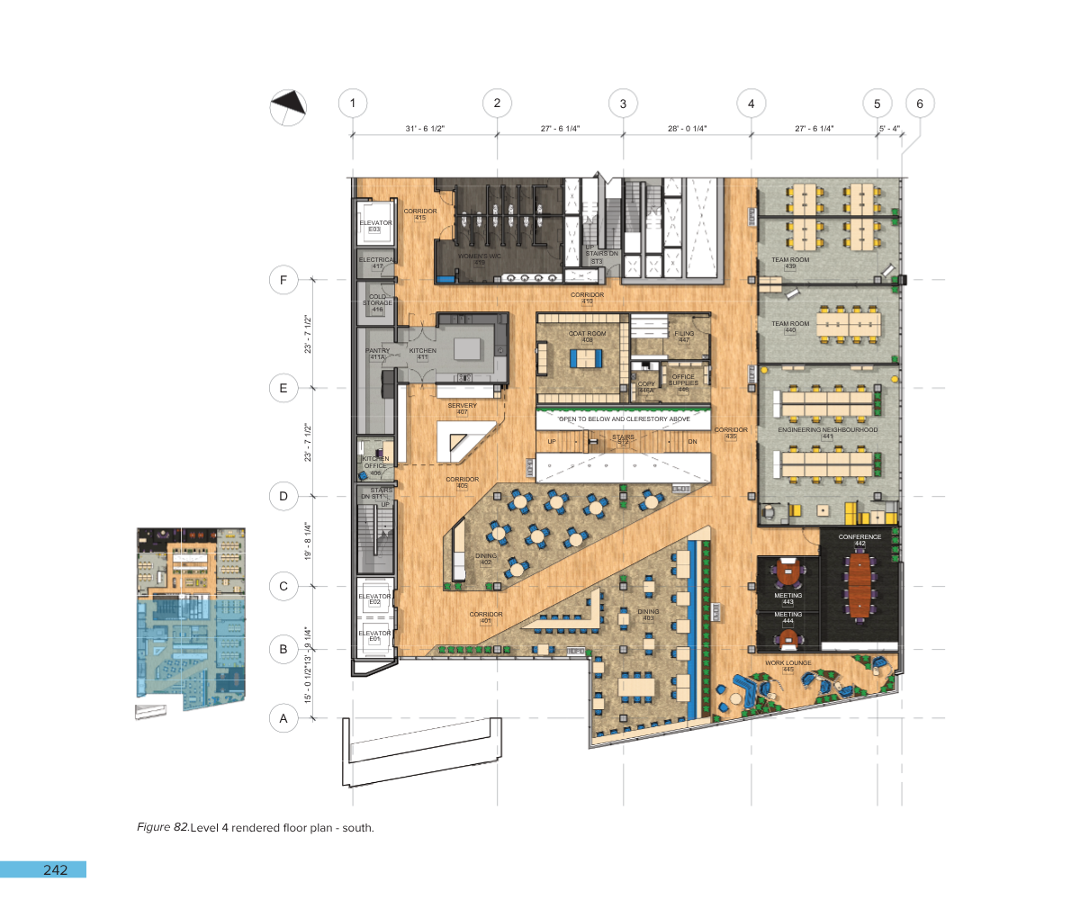 A detailed floor plan of a building's fourth level, showing various rooms including offices, conference rooms, meeting rooms, work lounge, dining areas, corridors, storage, elevator, stairs, and recreational spaces, with measurements and labels.