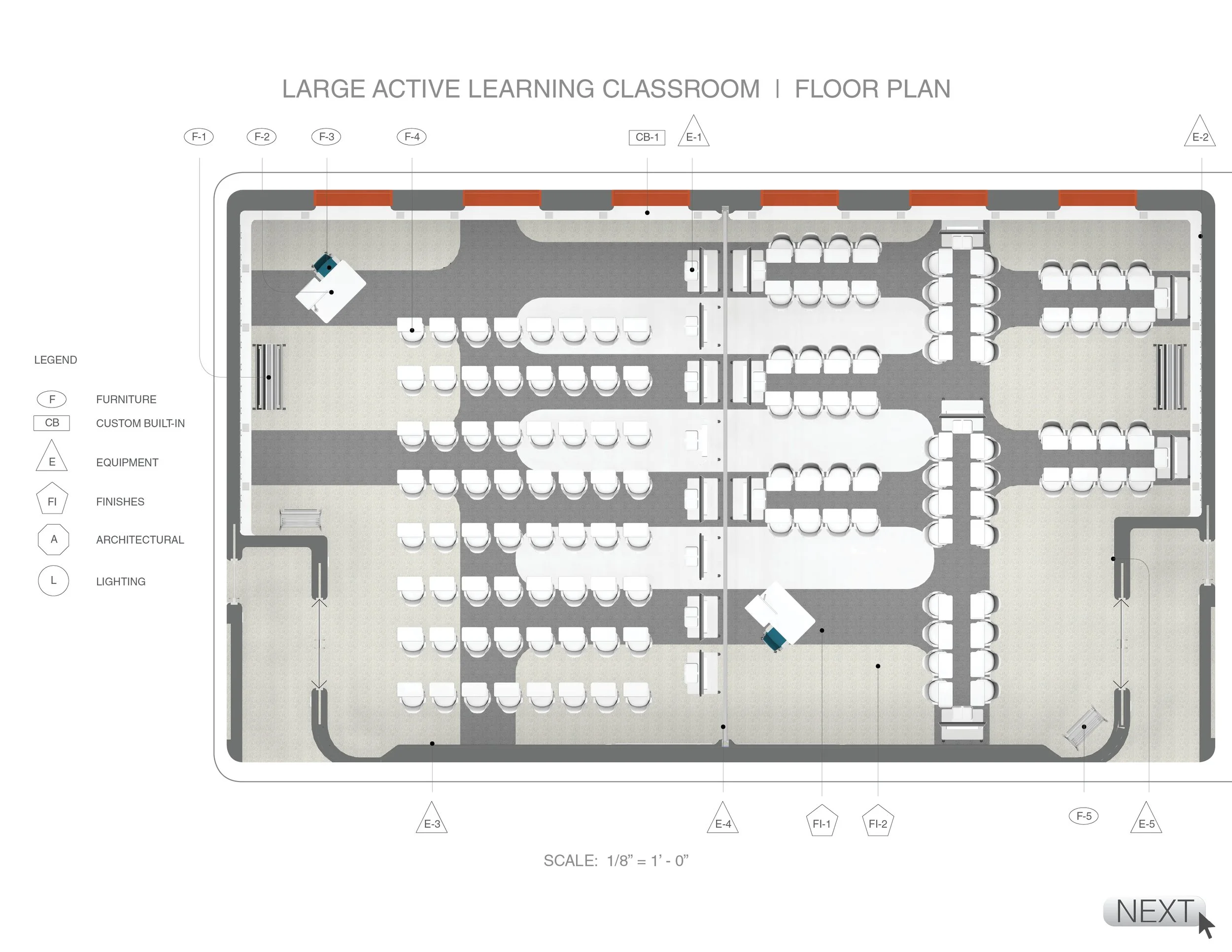 Floor plan of a large active learning classroom with seating arrangements, tables, and equipment labeled with icons and abbreviations.