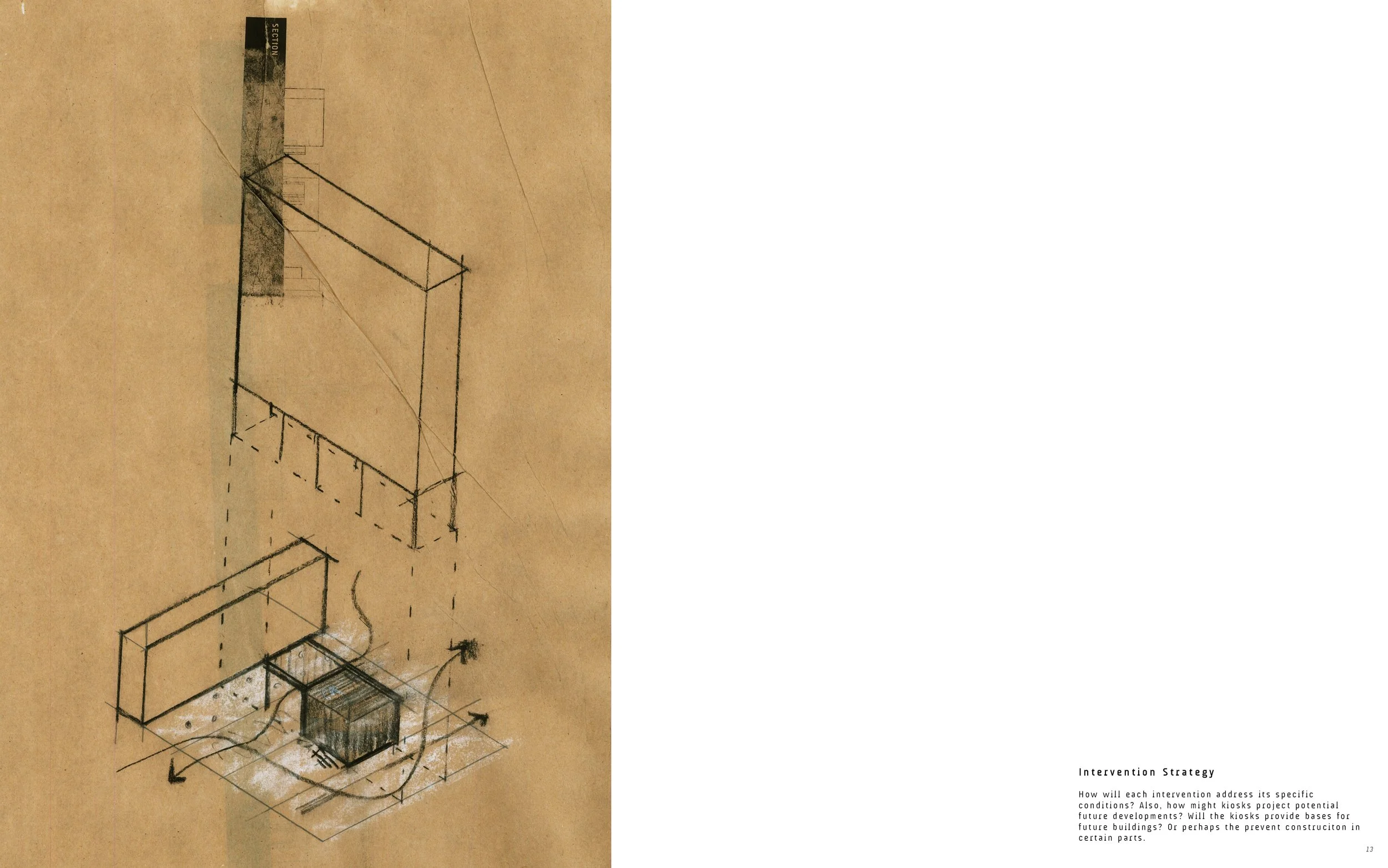 Architectural sketch of a building with labeled sections, including a mention of 'Section' at the top left, and some explanatory text about intervention strategies at the bottom right.