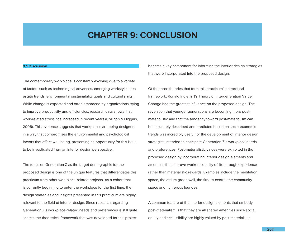 Open book or document showing Chapter 9: Conclusion with highlighted section 9.1 Discussion, text about workplace design, Generation Z, and interior design strategies, on pages 266 and 267.
