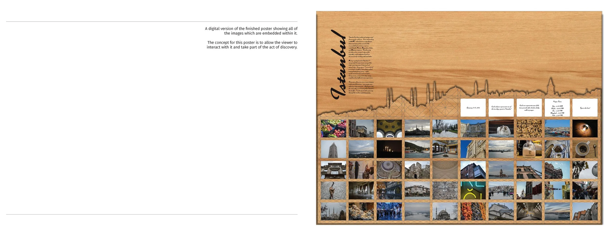 A poster titled "Jumbotron" with a grid of small images, including cityscapes, architecture, food, and nature scenes, set against a wood-textured background with a skyline silhouette.