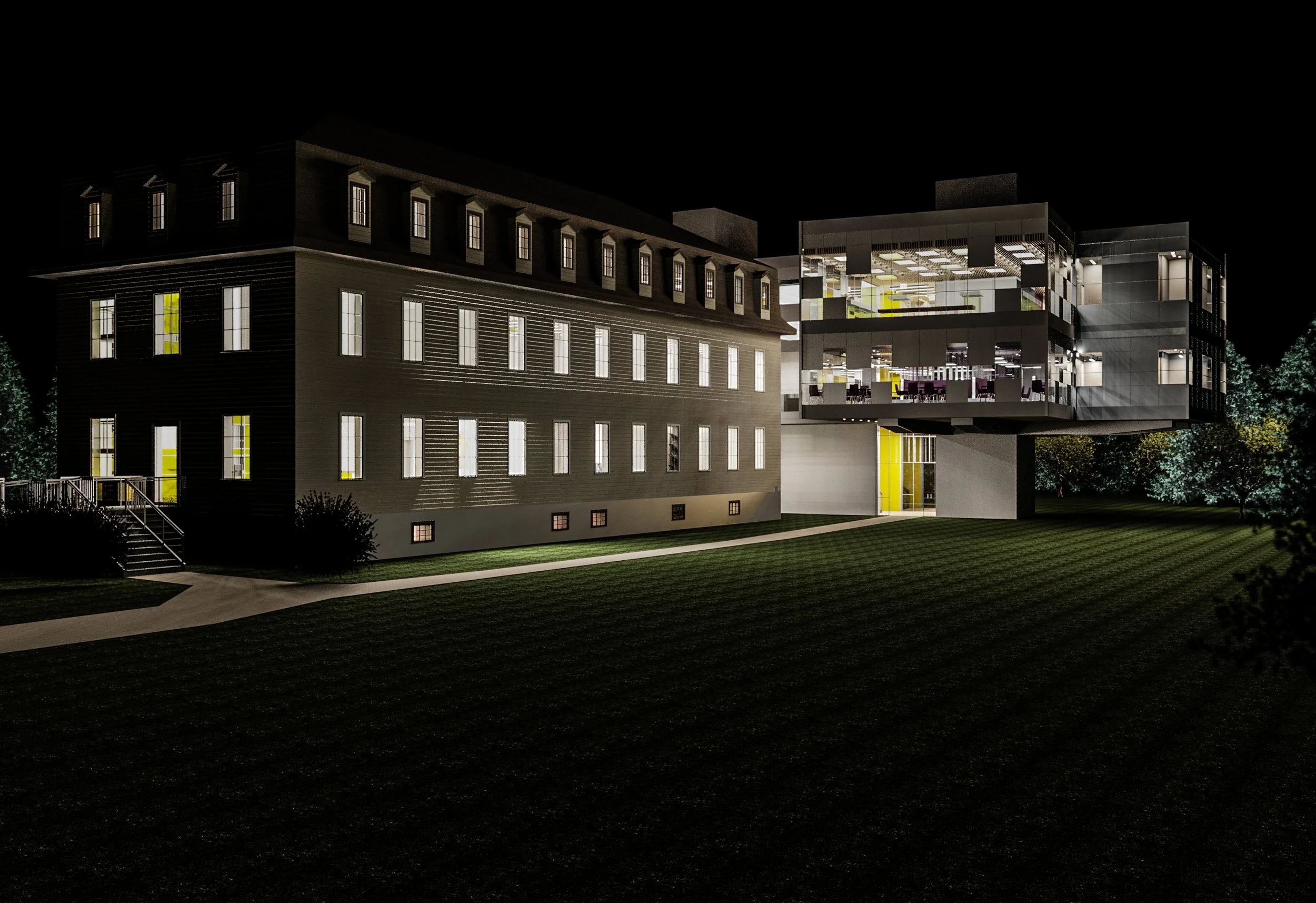 Nighttime photo of a modern building with large windows, illuminated from within, and an outdoor scene with a walking path and trees.