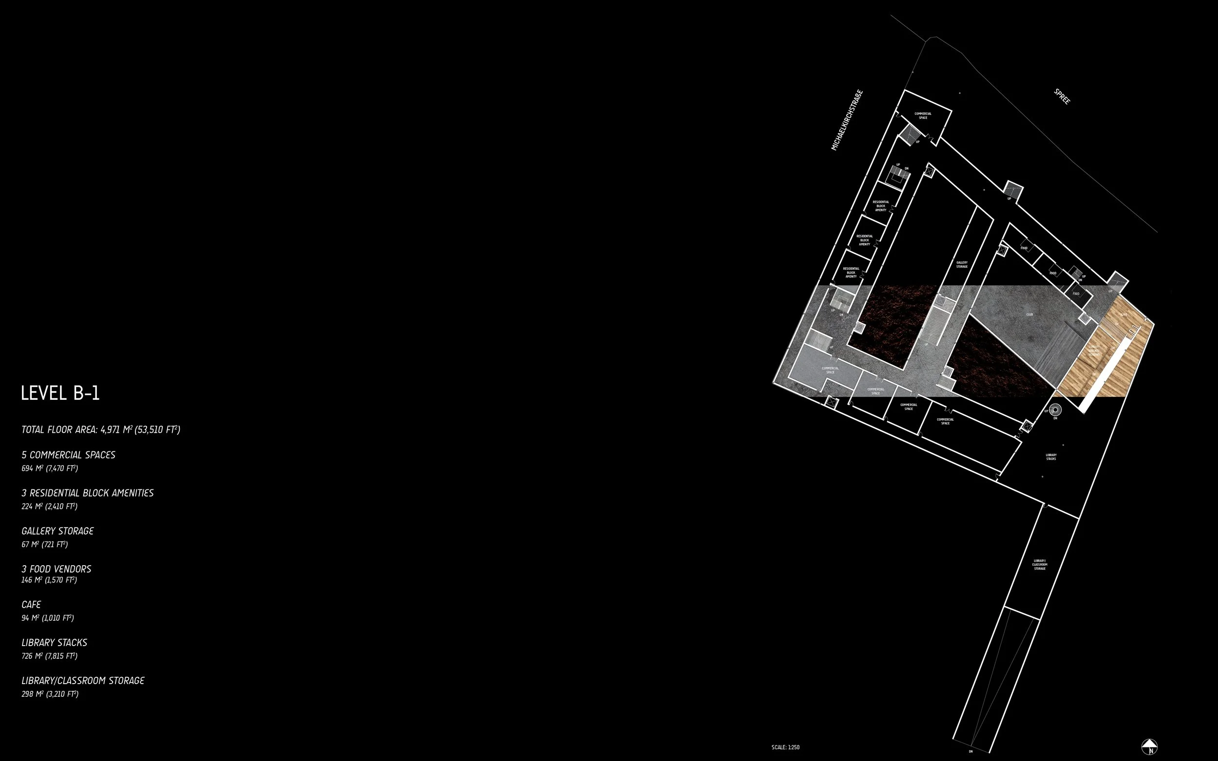 Architectural blueprint of a building floor plan labeled 'Level B-1,' showing various commercial and residential spaces, storage, food vendors, and amenities with detailed measurements and layout.
