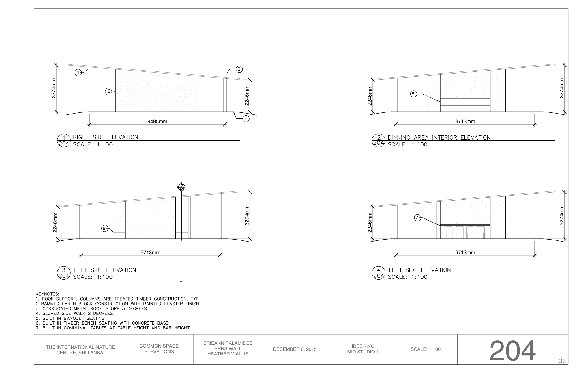 Architectural plans showing interior and exterior elevations of a building, with measurements and notes regarding construction materials and features, including roof support columns, timber benches, and banquet seating, dated December 8, 2015.