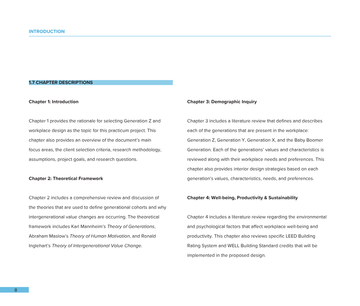 A document with multiple chapters discussing workplace design, theoretical frameworks, demographic inquiry, and sustainability, with section headers in blue and text in black, on a white background.