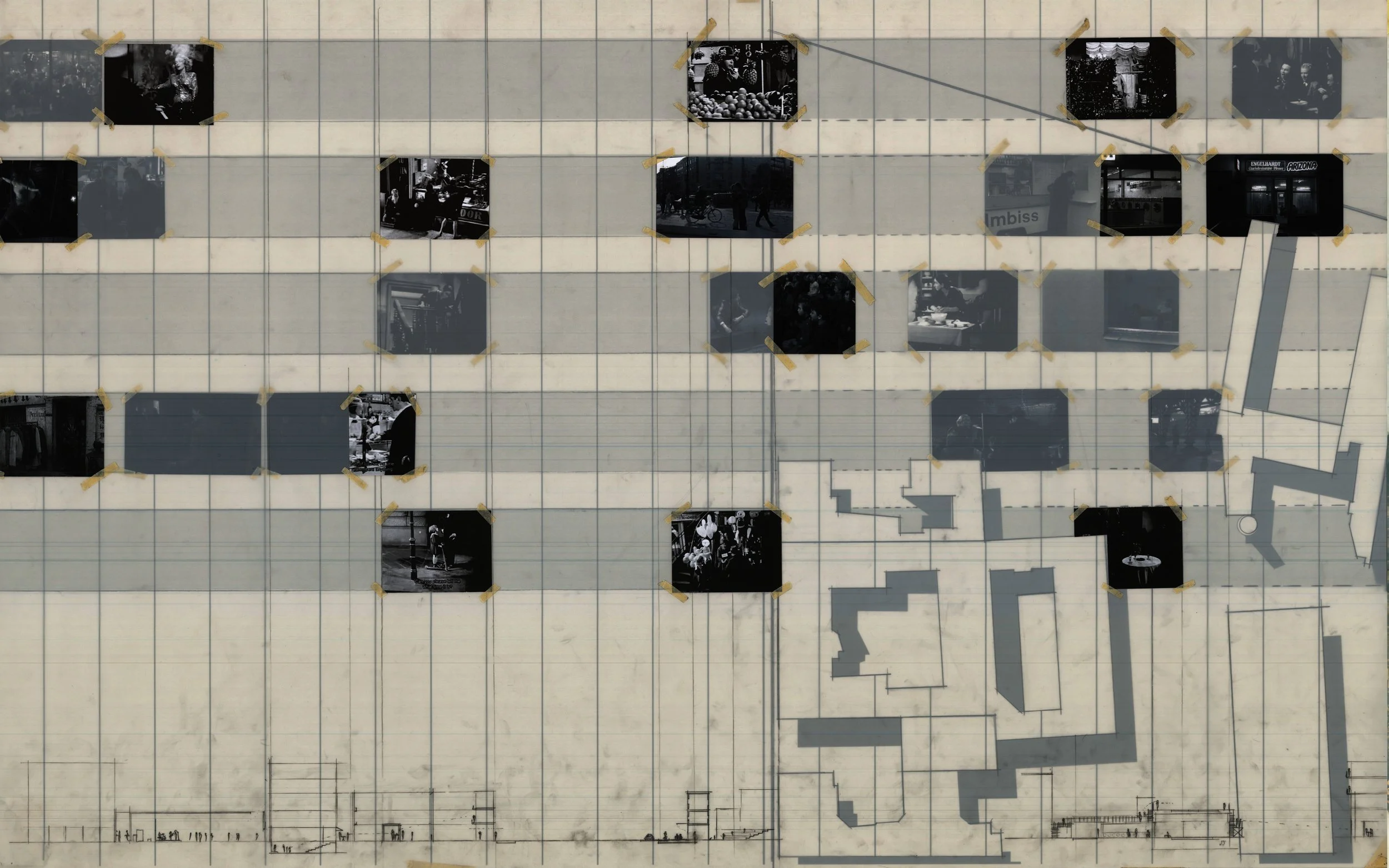Elevation view of a multi-story building with photographs taped to the windows, showing scenes of city life, people, and storefronts in black and white.