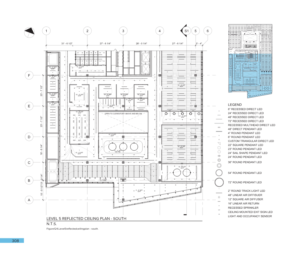 Architectural ceiling plan for level 5 south, showing dimensions, lighting, HVAC, and sensor placements with a legend of symbols and LED types.