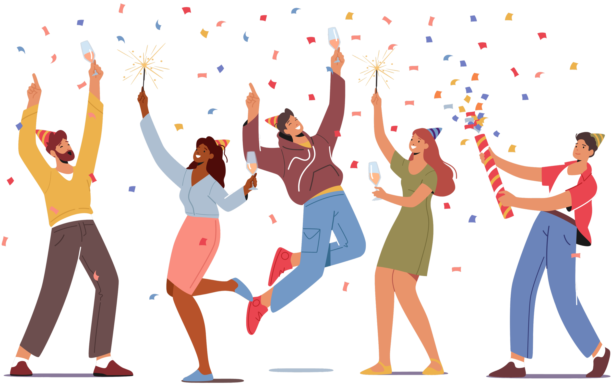 People celebrating with party hats, sparklers, champagne glasses, and confetti at a party or celebration.