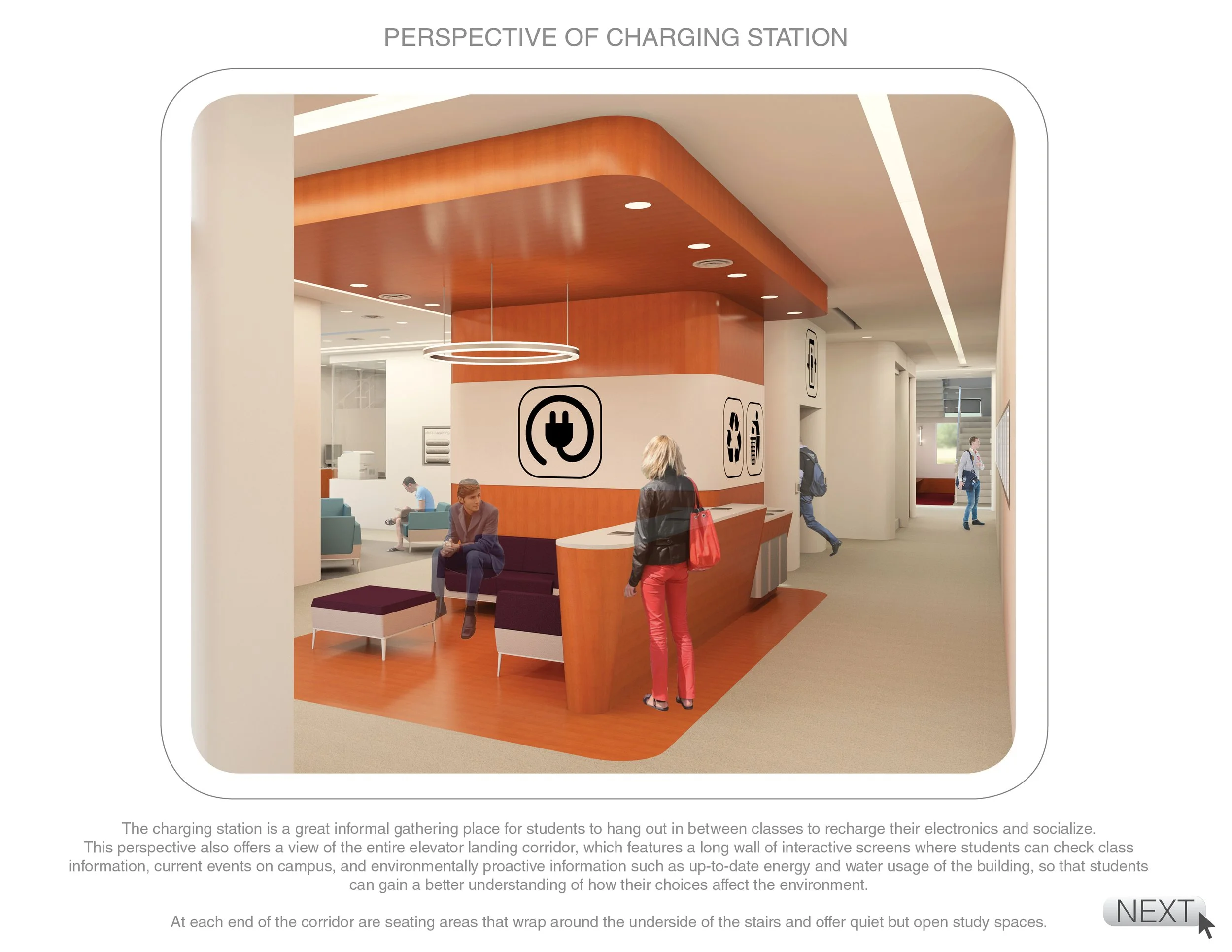 Interior view of a modern charging station with seating areas for students, featuring wooden and white design elements, and informational signs about electrical outlets, recycling, and water.