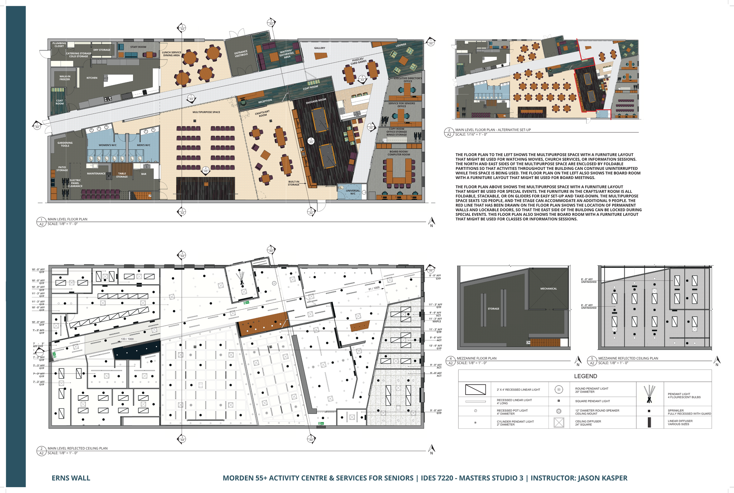 Architectural floor plan of a senior activity center with multipurpose spaces, offices, restrooms, storage, kitchen, and outdoor areas.