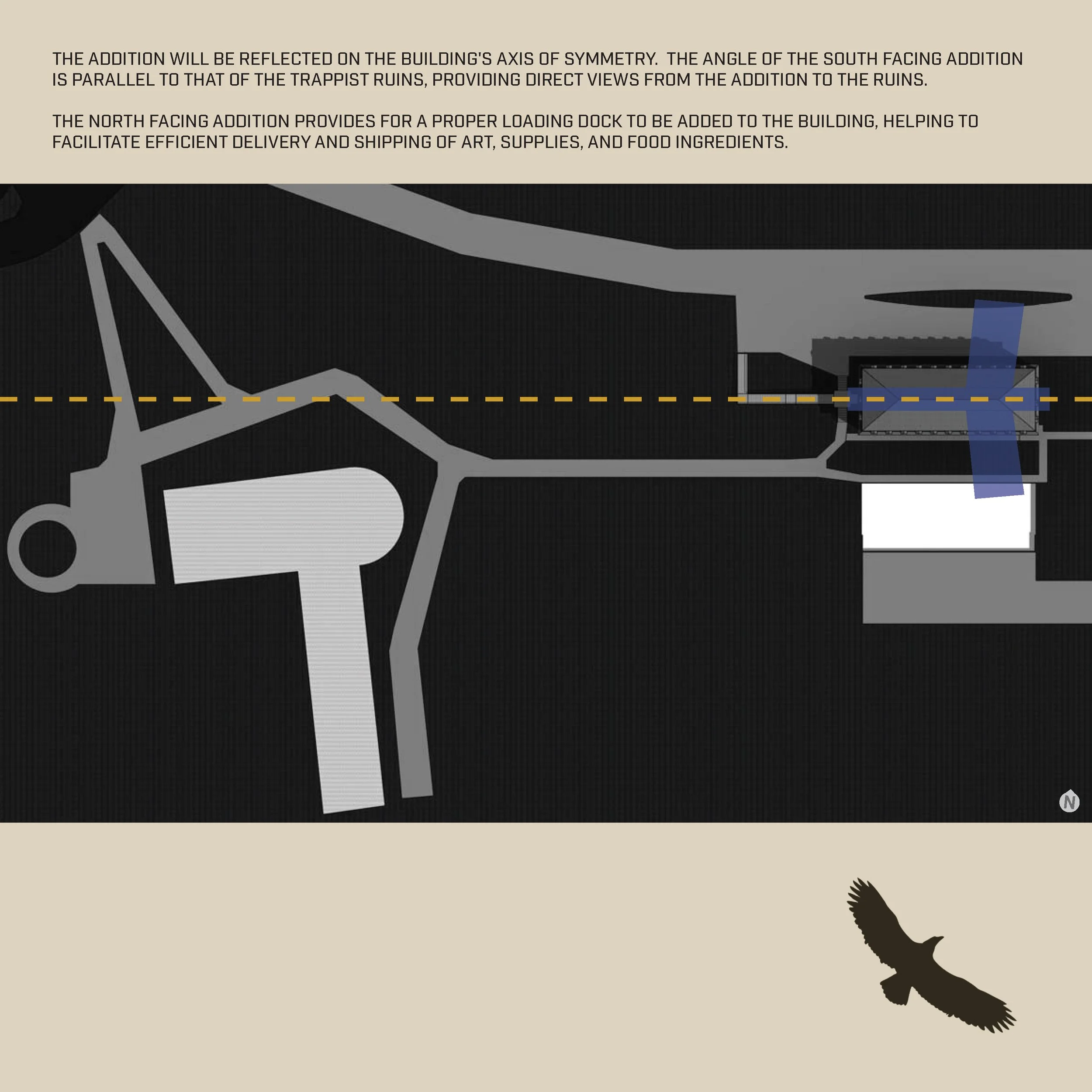 Diagram of building layout with arrows indicating reflections and loading dock, and a silhouette of a bird in the lower right corner.