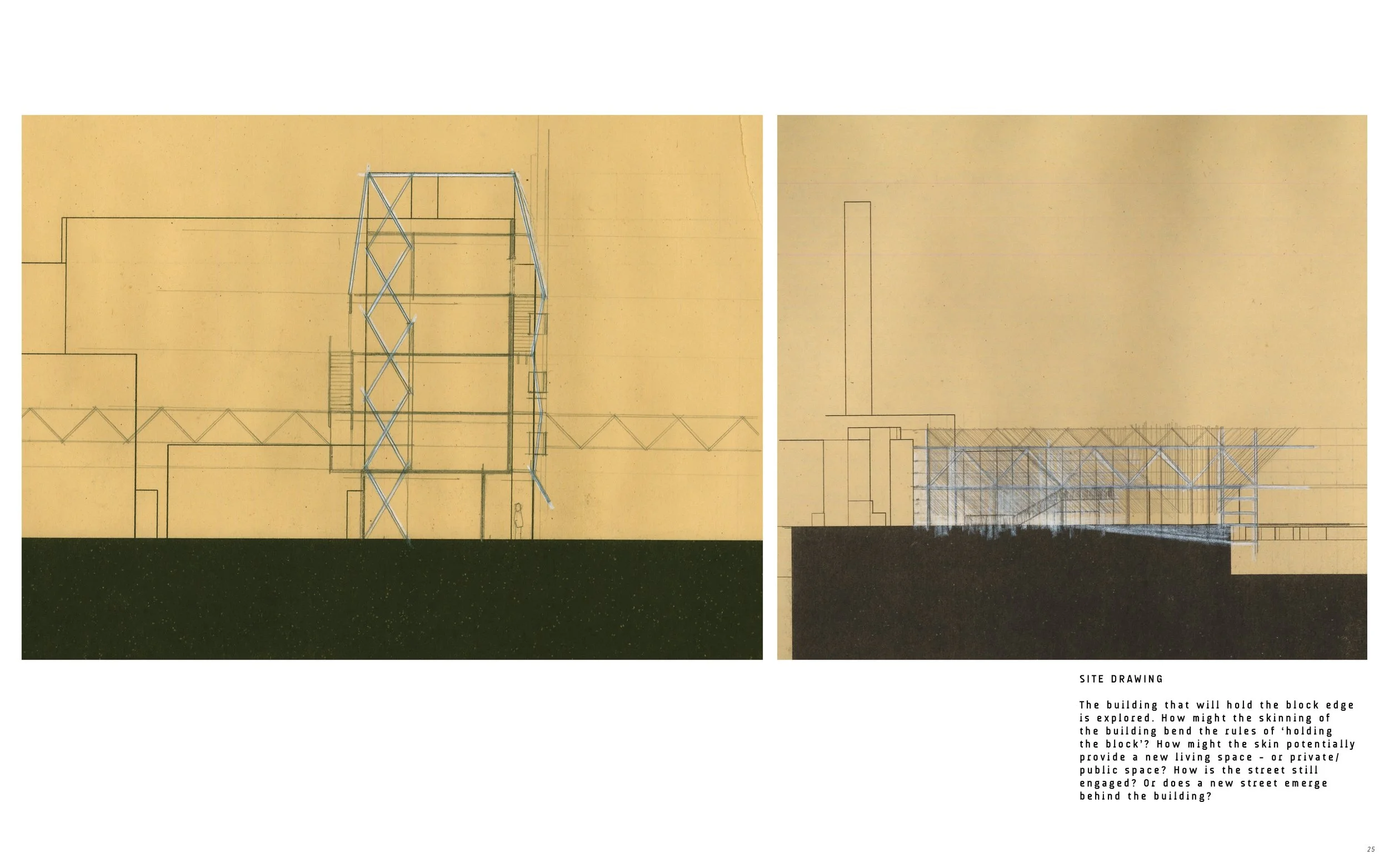 Site drawing of a building with a steel framework and structures, accompanied by architectural plans and notes, focusing on the building's design and potential impact on surrounding space.