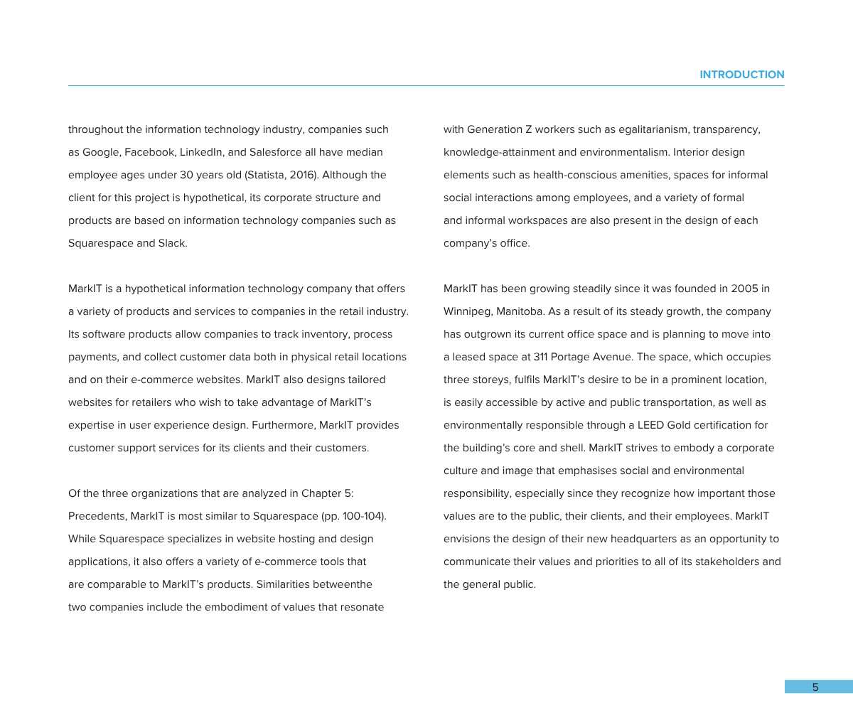 Page from a document or report with a two-column layout of text discussing companies, technology, and office spaces, with a blue header titled 'INTRODUCTION' and a page number 5 in a blue box at the bottom right corner.