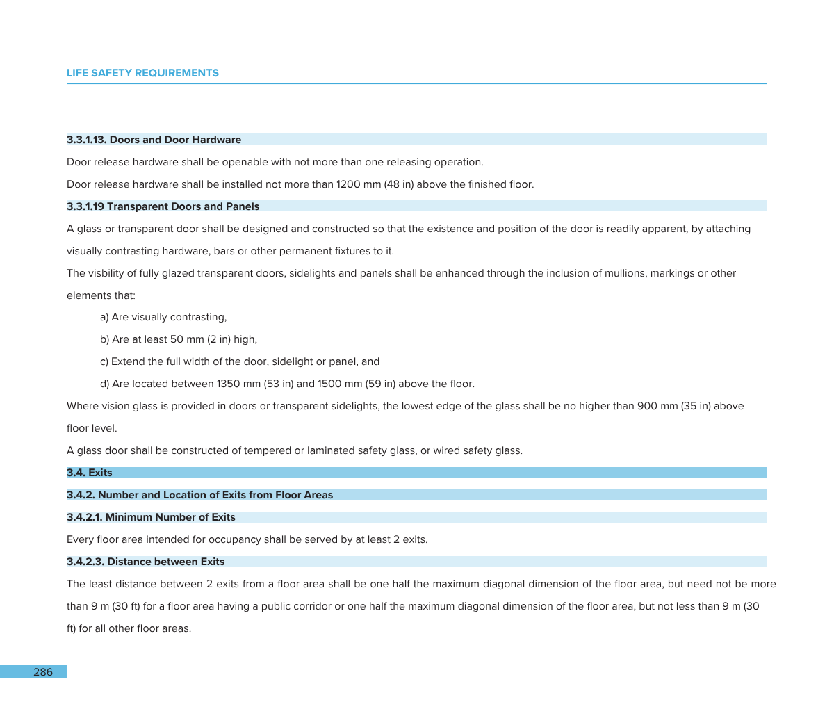 A page from a safety regulations document titled "Life Safety Requirements," listing specifications for doors, door hardware, transparent doors, and exits, including dimensions and construction details.
