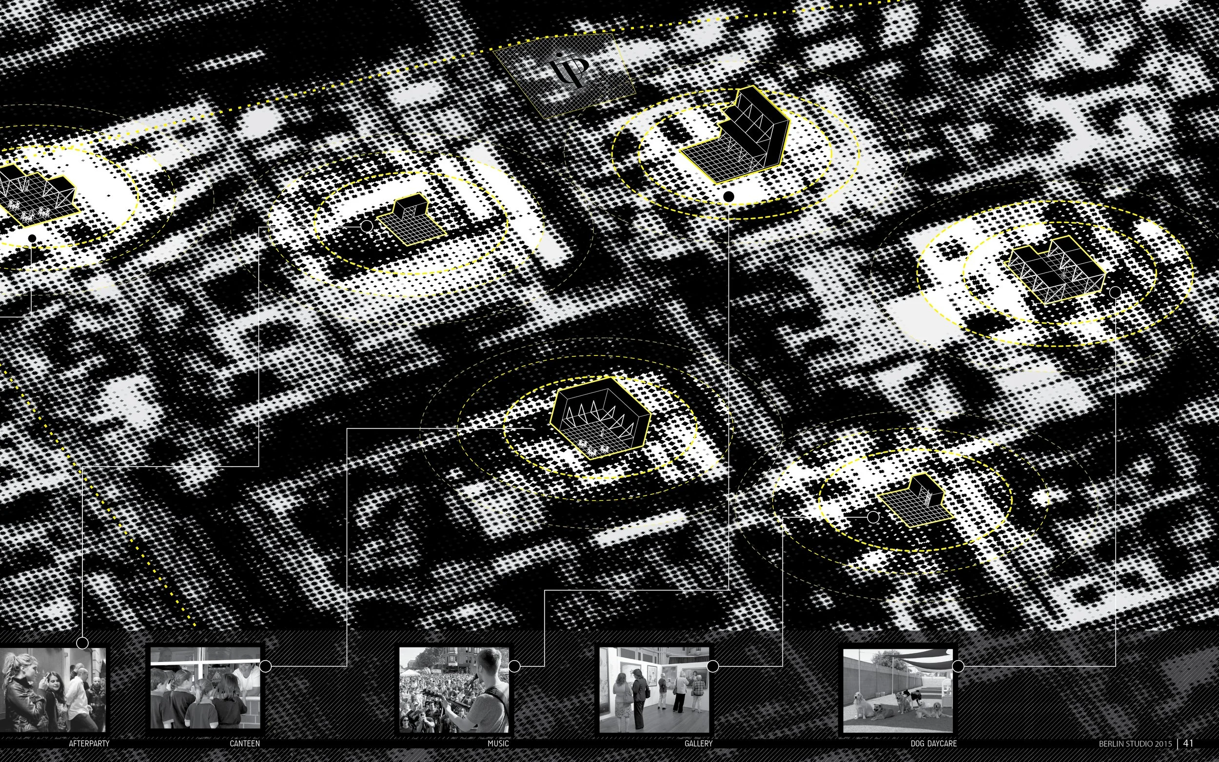 A digital graphic of a cityscape map with overlaid icons and photos representing different city attractions and services such as afterparty, canteen, music, gallery, dog daycare, and Berlin studio, in black, white, and yellow colors.