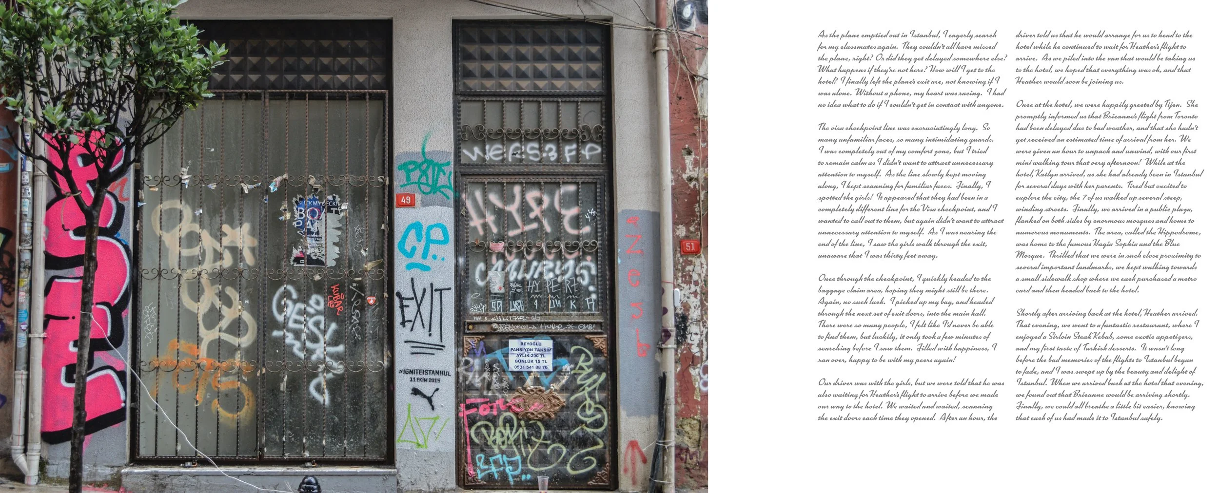 A graffiti-covered metal gate and door with street art, stickers, and tags, next to a small tree and a worn brick wall with red address plaques.
