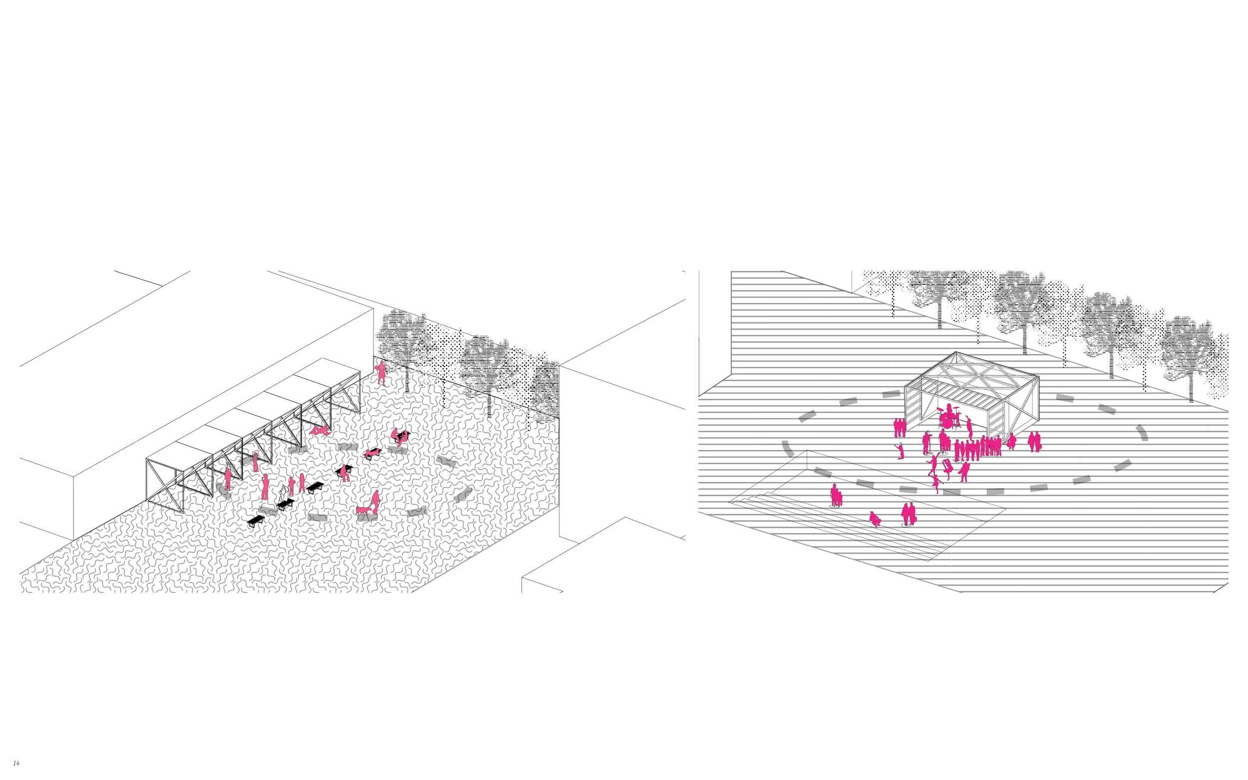 Architectural design sketches of outdoor community spaces with pink human figures, trees, and various structures.