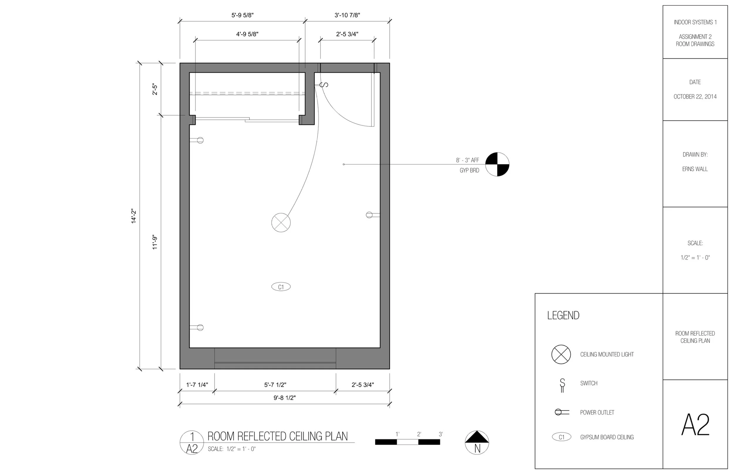 Architectural floor plan for a room with detailed measurements, indicating door and window placements, ceiling plan, and electrical fixture annotations.